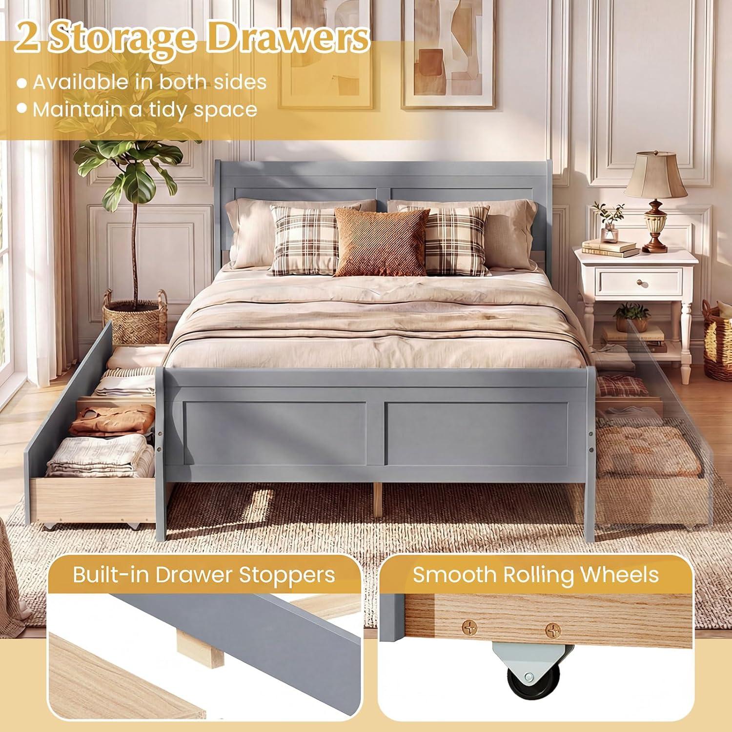 image:imageGiantex Twin Bed with 2 Storage Drawers Wood Platform Bed with Headboard amp Footboard Wooden Slats Support Mattress Foundation Twin Bed Frames for Kids Teens Adults No Box Spring Needed GreyGrey
