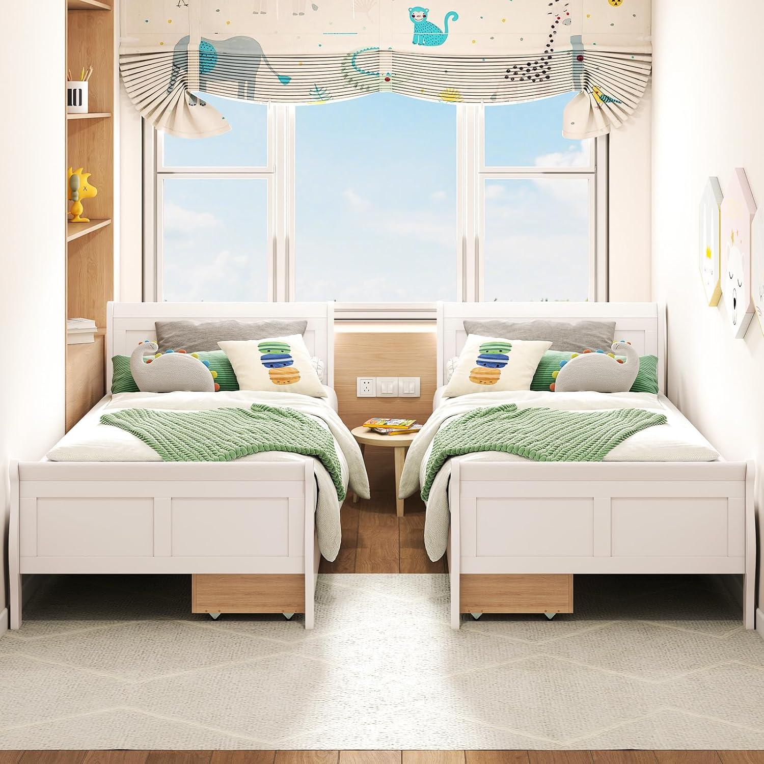 image:imageGiantex Twin Bed with 2 Storage Drawers Wood Platform Bed with Headboard amp Footboard Wooden Slats Support Mattress Foundation Twin Bed Frames for Kids Teens Adults No Box Spring Needed GreyWhite