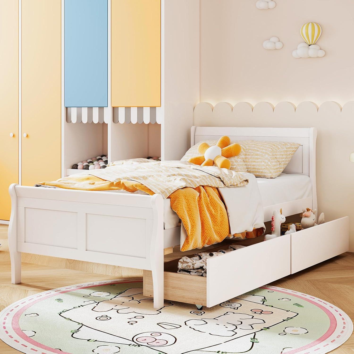image:imageGiantex Twin Bed with 2 Storage Drawers Wood Platform Bed with Headboard amp Footboard Wooden Slats Support Mattress Foundation Twin Bed Frames for Kids Teens Adults No Box Spring Needed GreyWhite