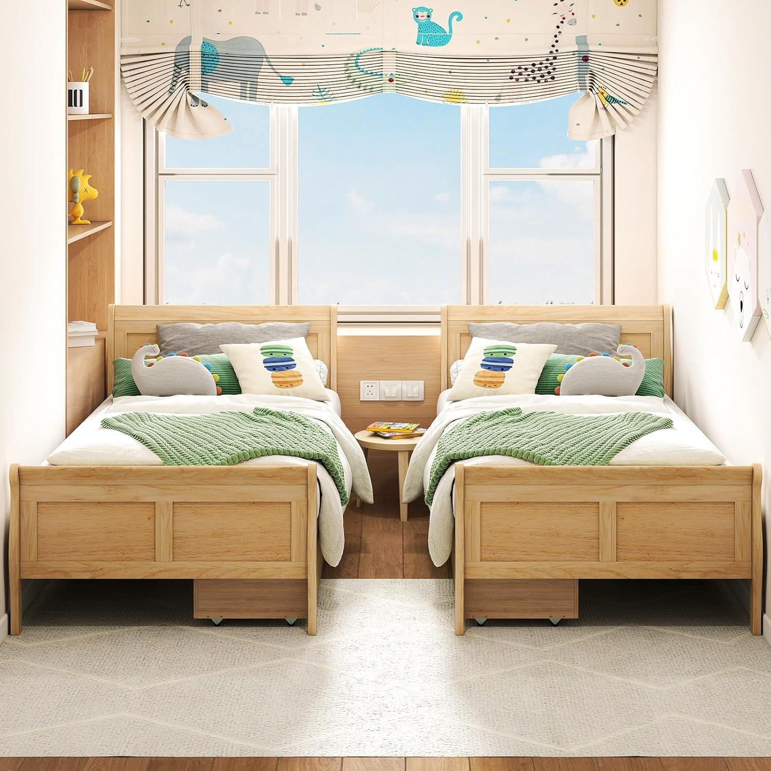 image:imageGiantex Twin Bed with 2 Storage Drawers Wood Platform Bed with Headboard amp Footboard Wooden Slats Support Mattress Foundation Twin Bed Frames for Kids Teens Adults No Box Spring Needed GreyNatural