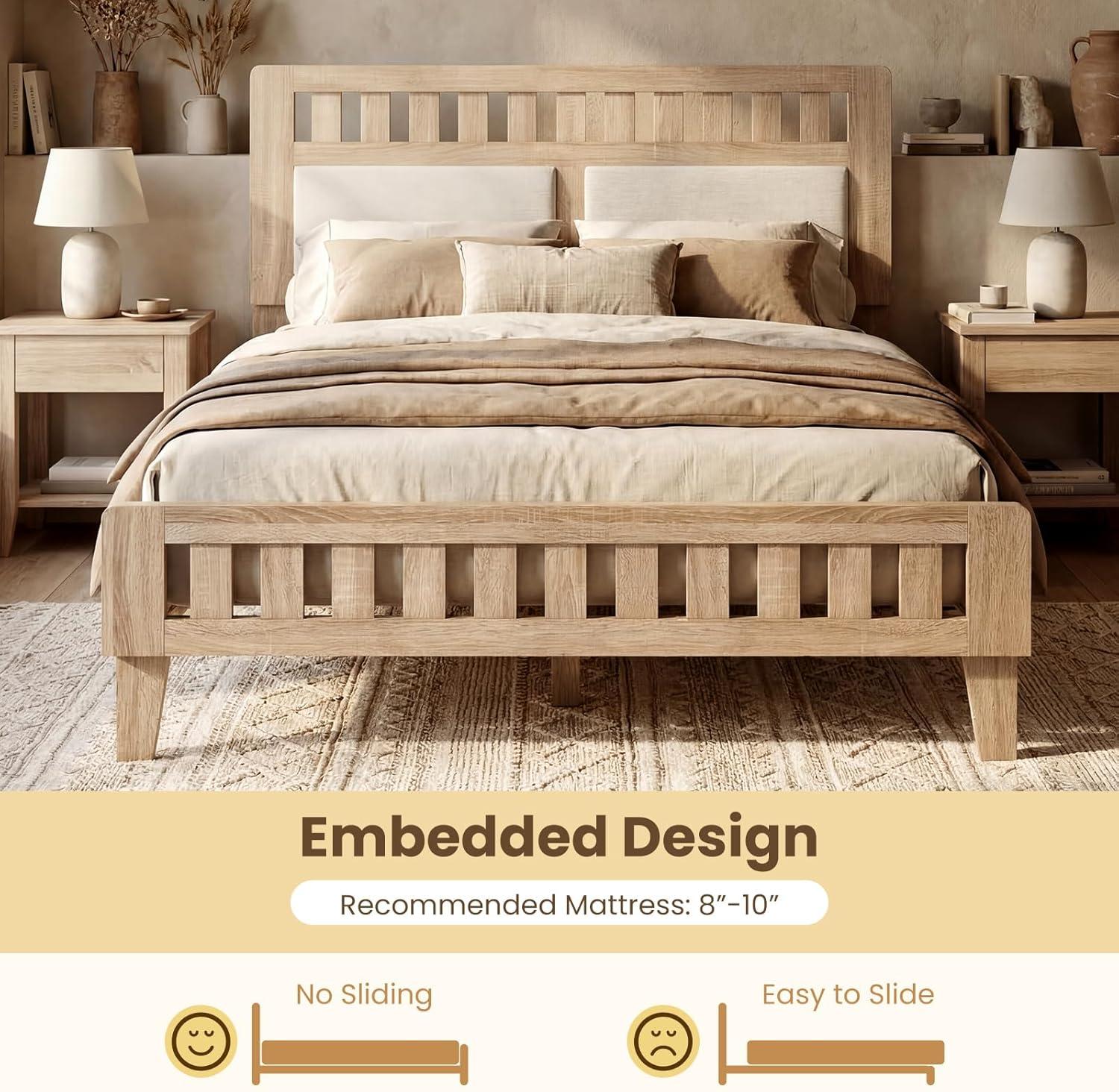 image:imageGiantex Wood Full Size Bed Frame with Upholstered Headboard MidCentury Platform Bed wWooden Slat Support Mattress Foundation Slatted Footboard UnderBed Storage Space No Box Spring Needed OakRustic Oak