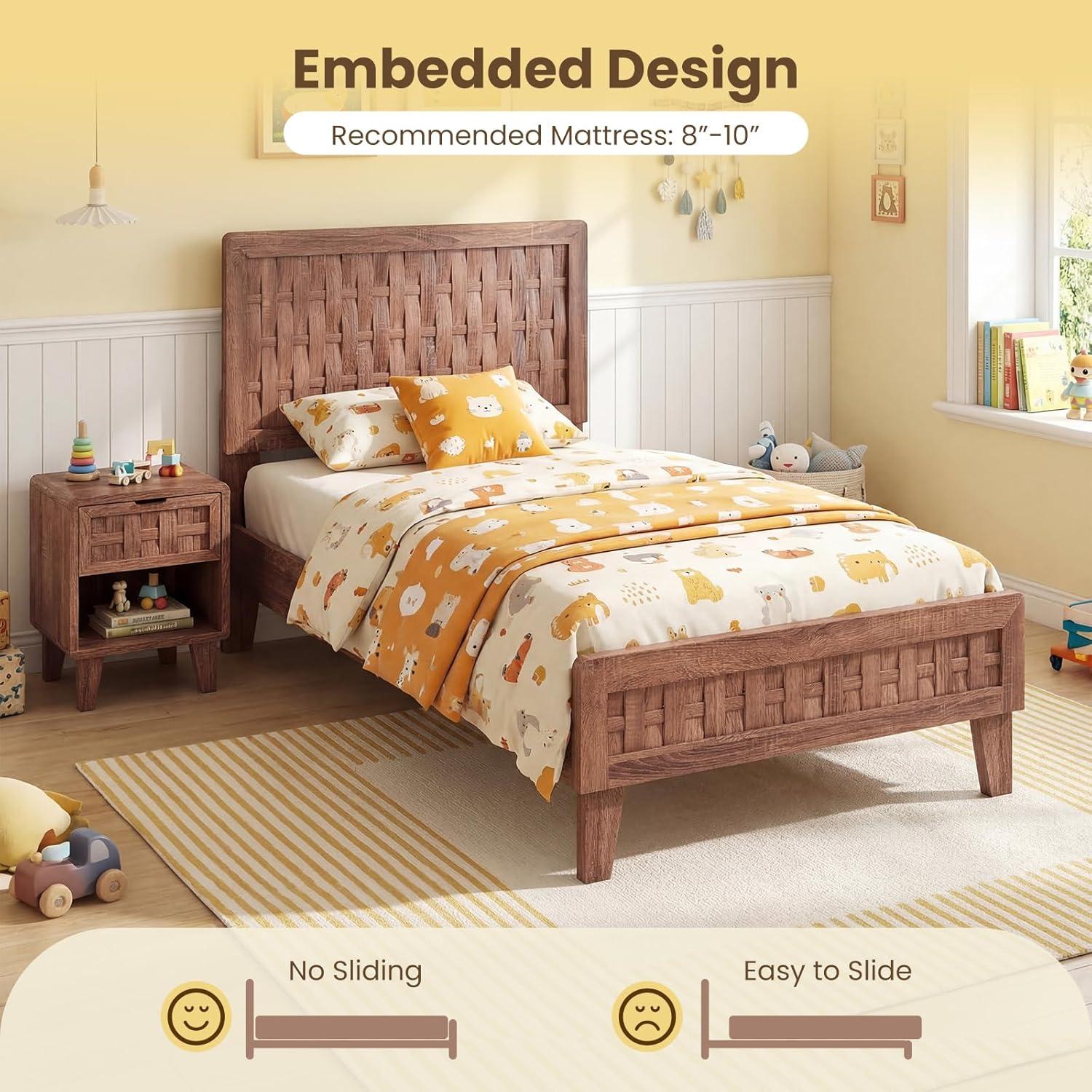 image:imageGiantex Wood Full Size Bed Frame with Upholstered Headboard MidCentury Platform Bed wWooden Slat Support Mattress Foundation Slatted Footboard UnderBed Storage Space No Box Spring Needed OakWalnut