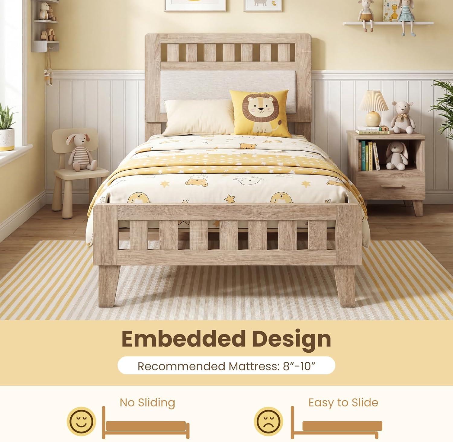 image:imageGiantex Wood Full Size Bed Frame with Upholstered Headboard MidCentury Platform Bed wWooden Slat Support Mattress Foundation Slatted Footboard UnderBed Storage Space No Box Spring Needed OakRustic Oak