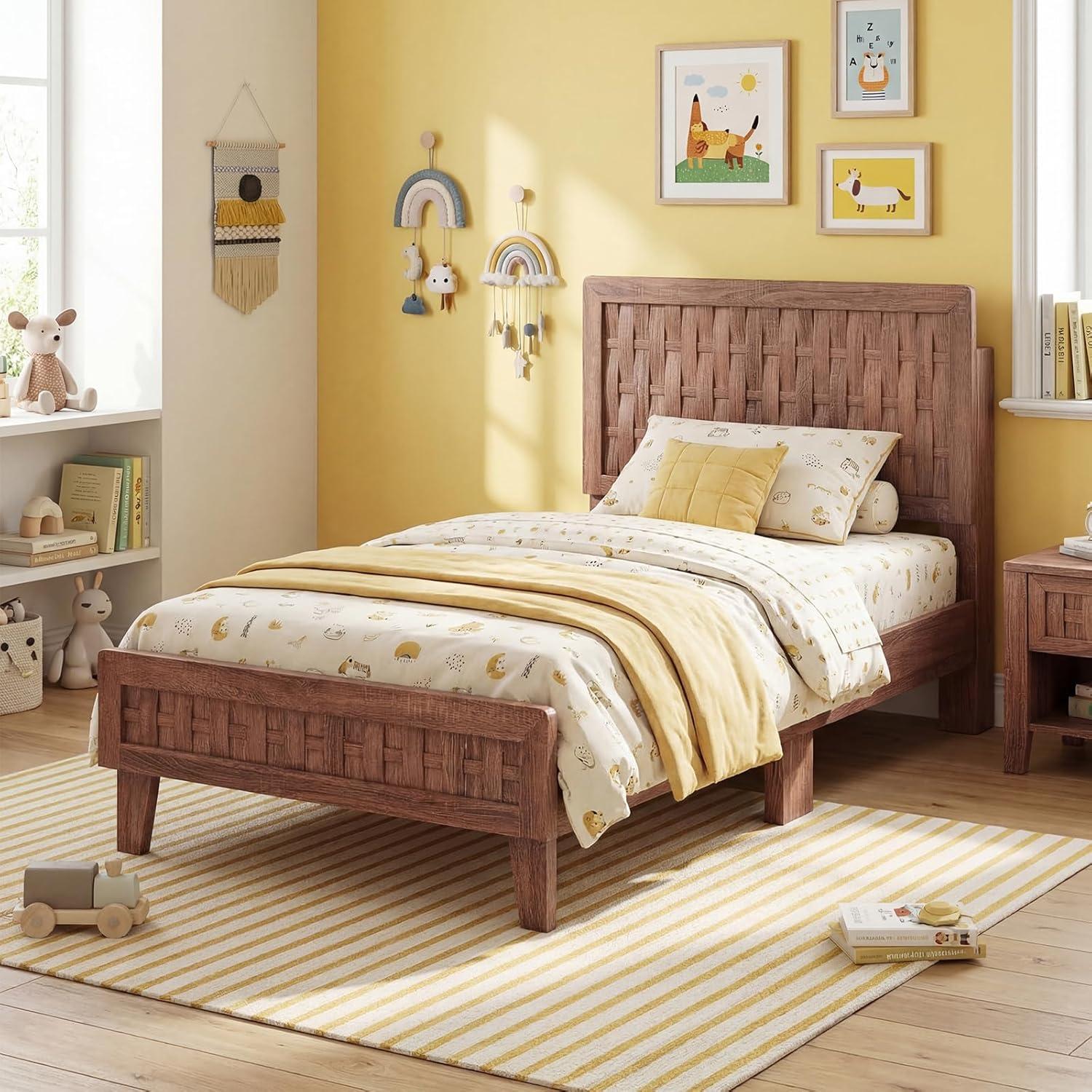 image:imageGiantex Wood Full Size Bed Frame with Upholstered Headboard MidCentury Platform Bed wWooden Slat Support Mattress Foundation Slatted Footboard UnderBed Storage Space No Box Spring Needed OakWalnut