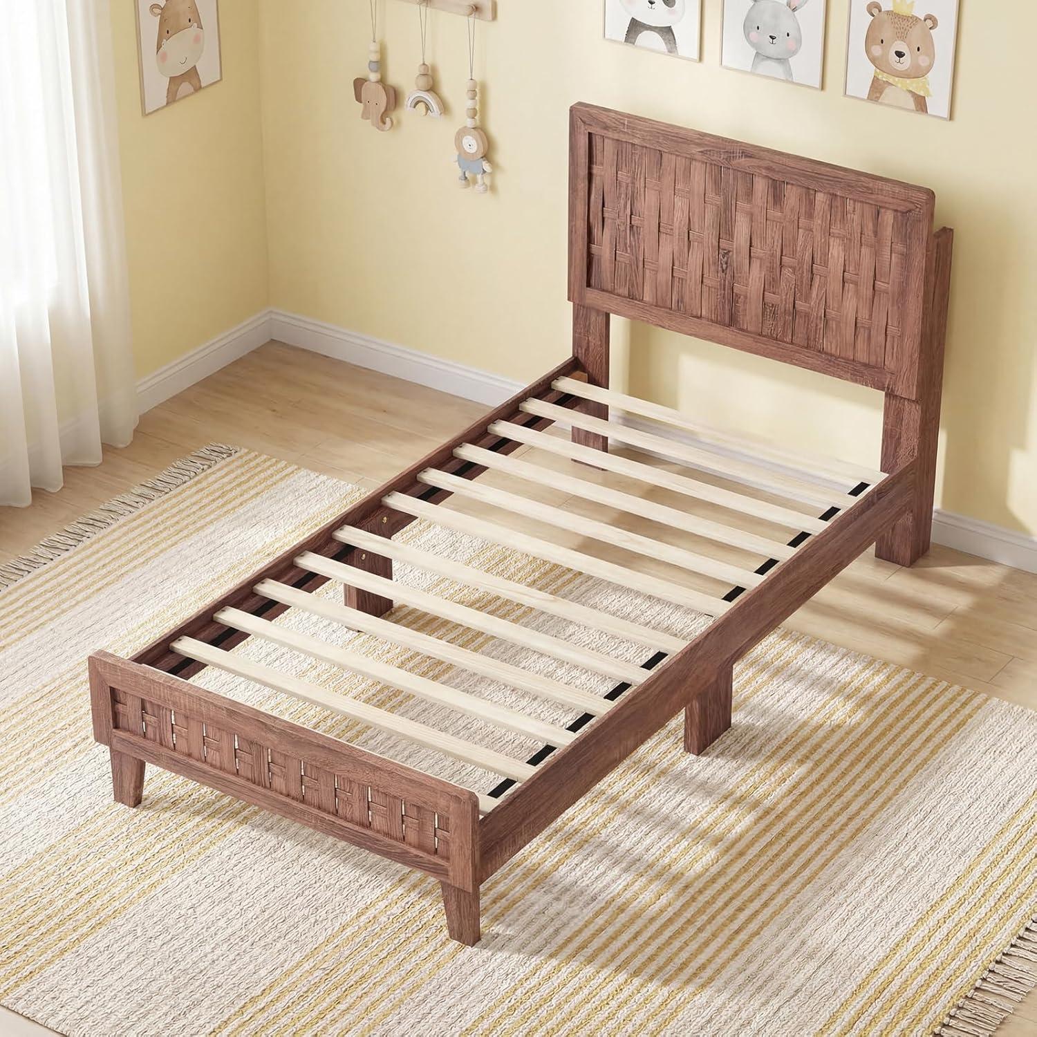 image:imageGiantex Wood Full Size Bed Frame with Upholstered Headboard MidCentury Platform Bed wWooden Slat Support Mattress Foundation Slatted Footboard UnderBed Storage Space No Box Spring Needed OakWalnut