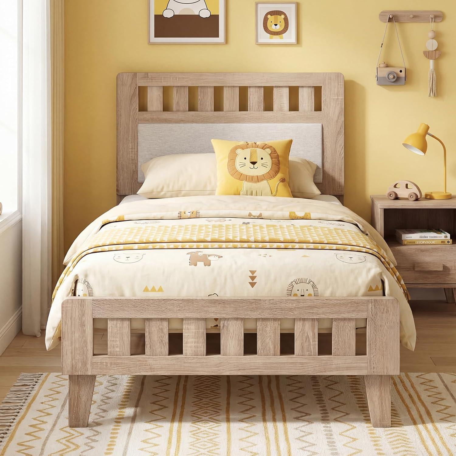 image:imageGiantex Wood Full Size Bed Frame with Upholstered Headboard MidCentury Platform Bed wWooden Slat Support Mattress Foundation Slatted Footboard UnderBed Storage Space No Box Spring Needed OakRustic Oak