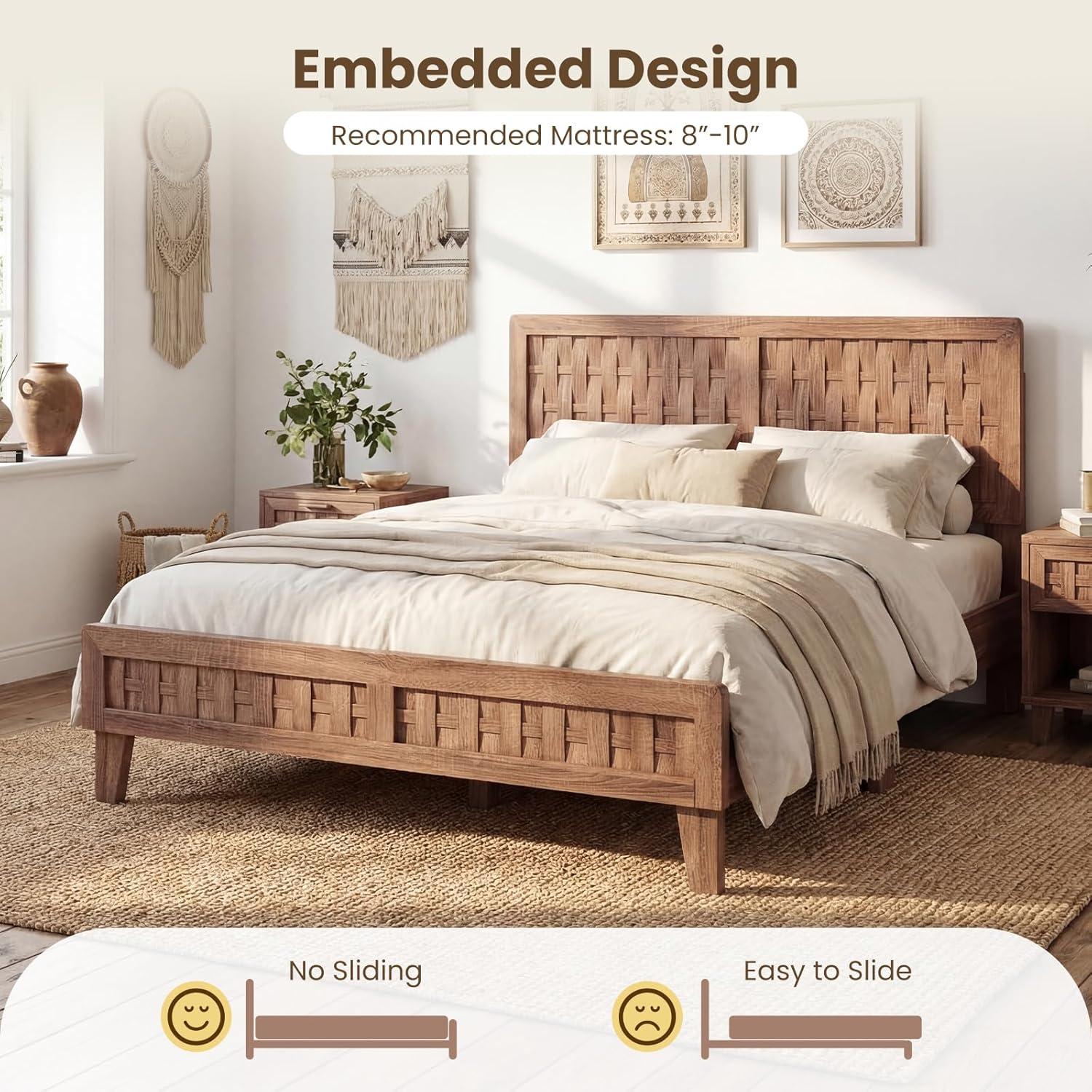 image:imageGiantex Wood Full Size Bed Frame with Upholstered Headboard MidCentury Platform Bed wWooden Slat Support Mattress Foundation Slatted Footboard UnderBed Storage Space No Box Spring Needed OakWalnut