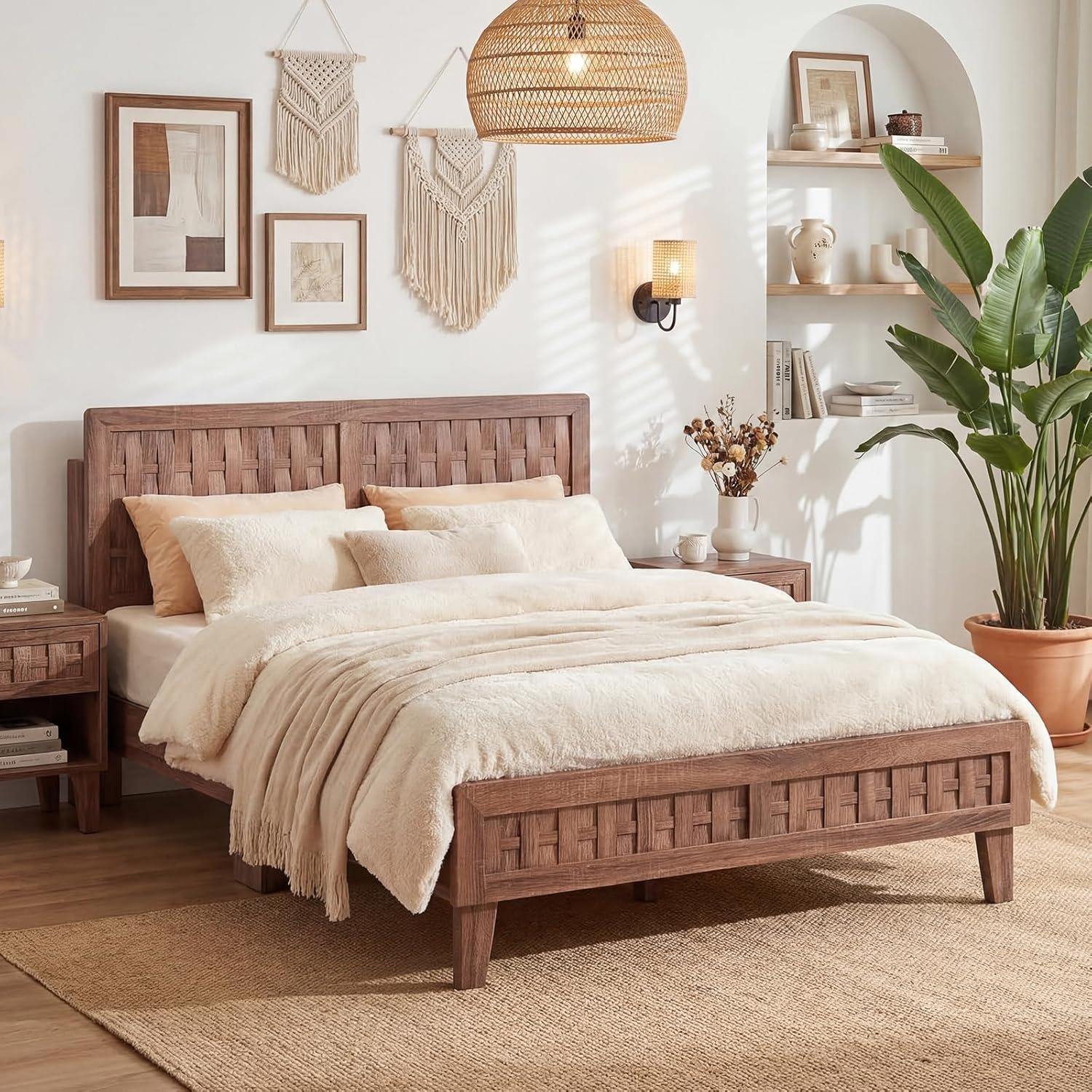 image:imageGiantex Wood Full Size Bed Frame with Upholstered Headboard MidCentury Platform Bed wWooden Slat Support Mattress Foundation Slatted Footboard UnderBed Storage Space No Box Spring Needed OakWalnut
