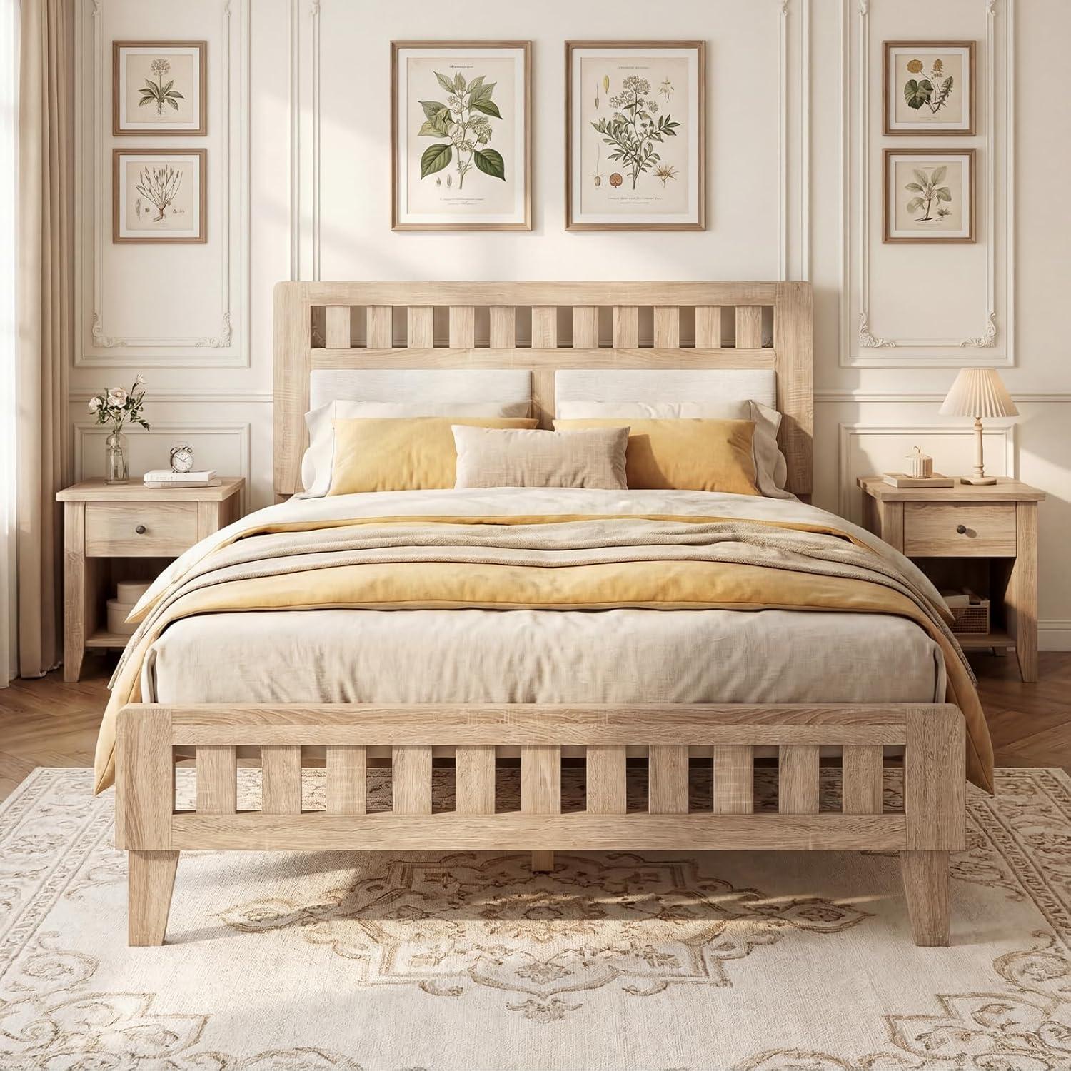 image:imageGiantex Wood Full Size Bed Frame with Upholstered Headboard MidCentury Platform Bed wWooden Slat Support Mattress Foundation Slatted Footboard UnderBed Storage Space No Box Spring Needed OakRustic Oak