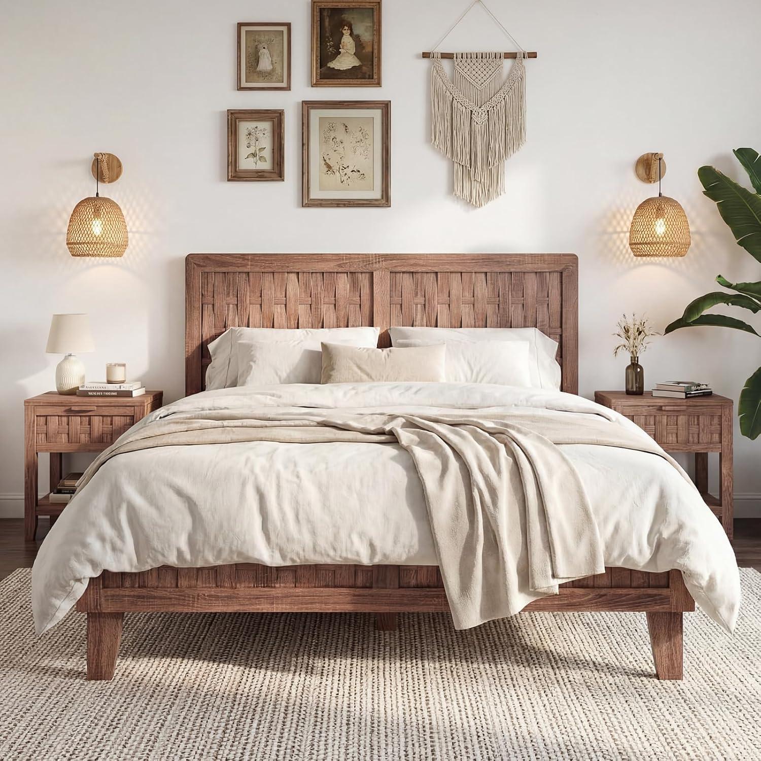 image:imageGiantex Wood Full Size Bed Frame with Upholstered Headboard MidCentury Platform Bed wWooden Slat Support Mattress Foundation Slatted Footboard UnderBed Storage Space No Box Spring Needed OakWalnut