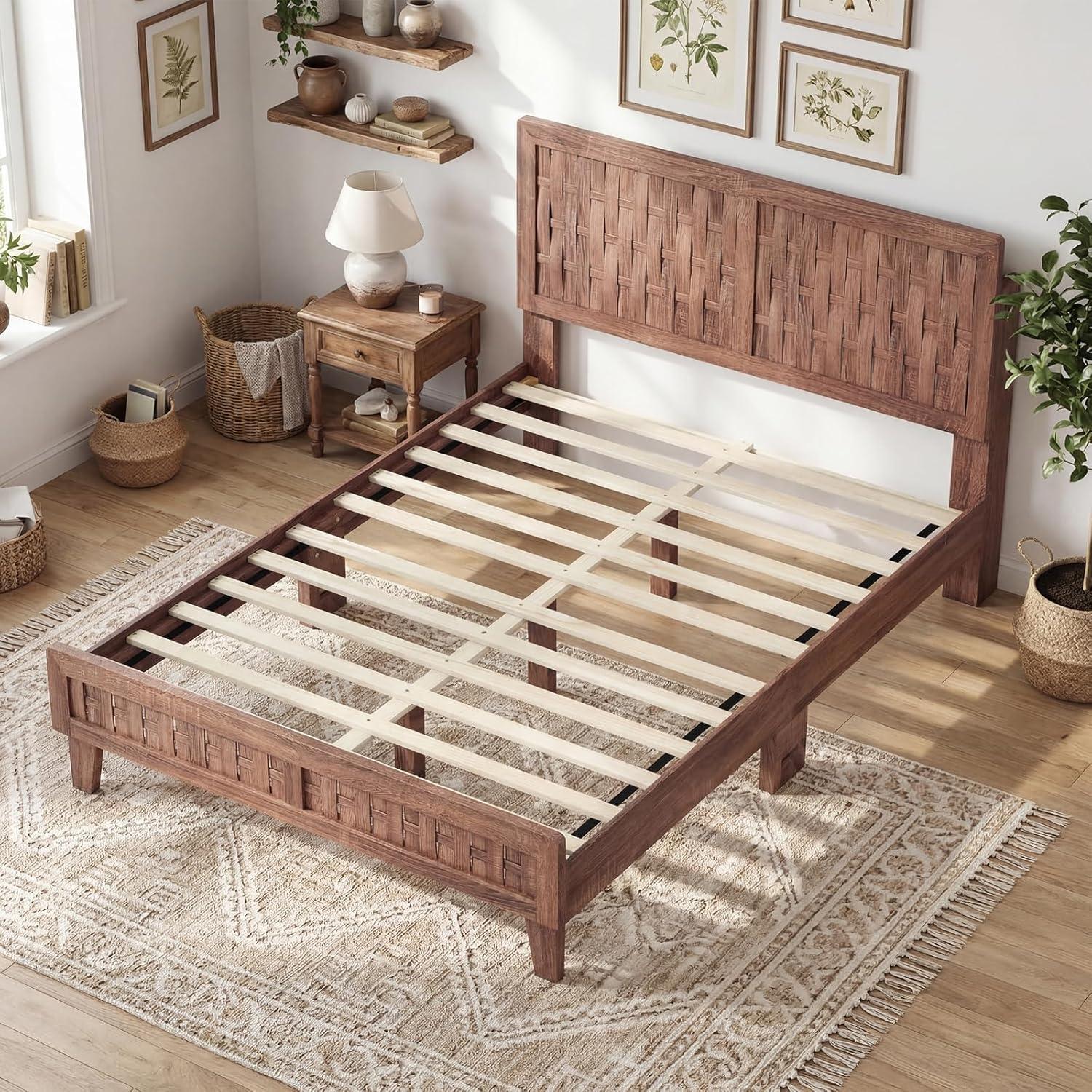 image:imageGiantex Wood Full Size Bed Frame with Upholstered Headboard MidCentury Platform Bed wWooden Slat Support Mattress Foundation Slatted Footboard UnderBed Storage Space No Box Spring Needed OakWalnut