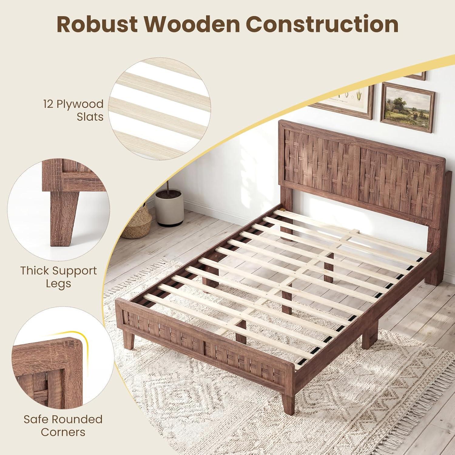 image:imageGiantex Wood Full Size Bed Frame with Upholstered Headboard MidCentury Platform Bed wWooden Slat Support Mattress Foundation Slatted Footboard UnderBed Storage Space No Box Spring Needed OakWalnut