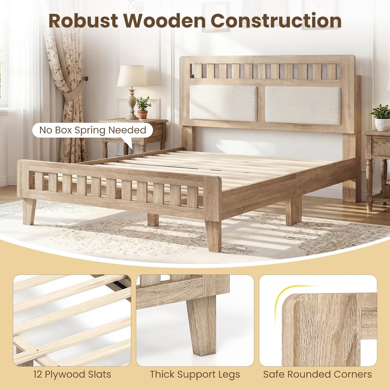 image:imageGiantex Wood Full Size Bed Frame with Upholstered Headboard MidCentury Platform Bed wWooden Slat Support Mattress Foundation Slatted Footboard UnderBed Storage Space No Box Spring Needed OakRustic Oak