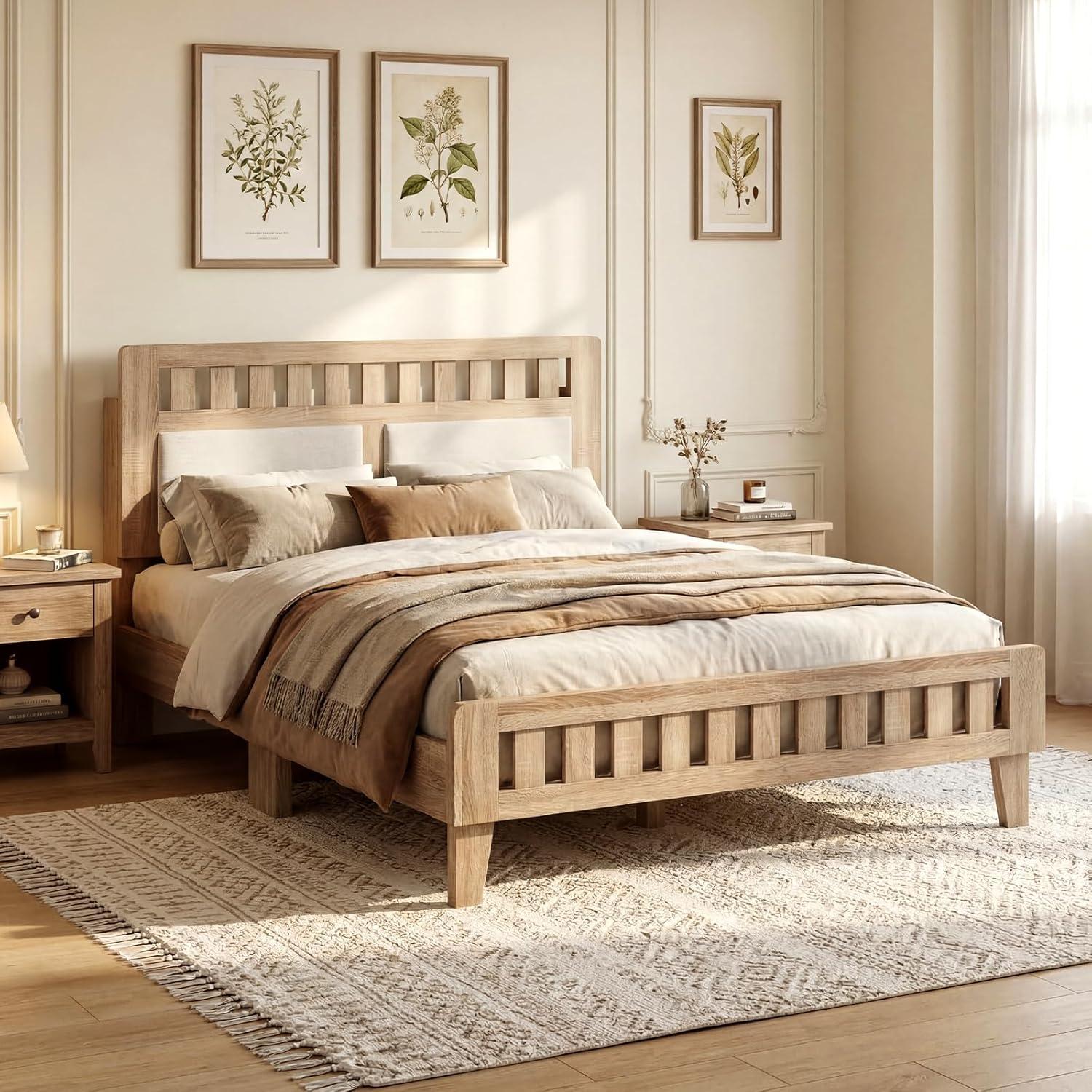 image:imageGiantex Wood Full Size Bed Frame with Upholstered Headboard MidCentury Platform Bed wWooden Slat Support Mattress Foundation Slatted Footboard UnderBed Storage Space No Box Spring Needed OakRustic Oak