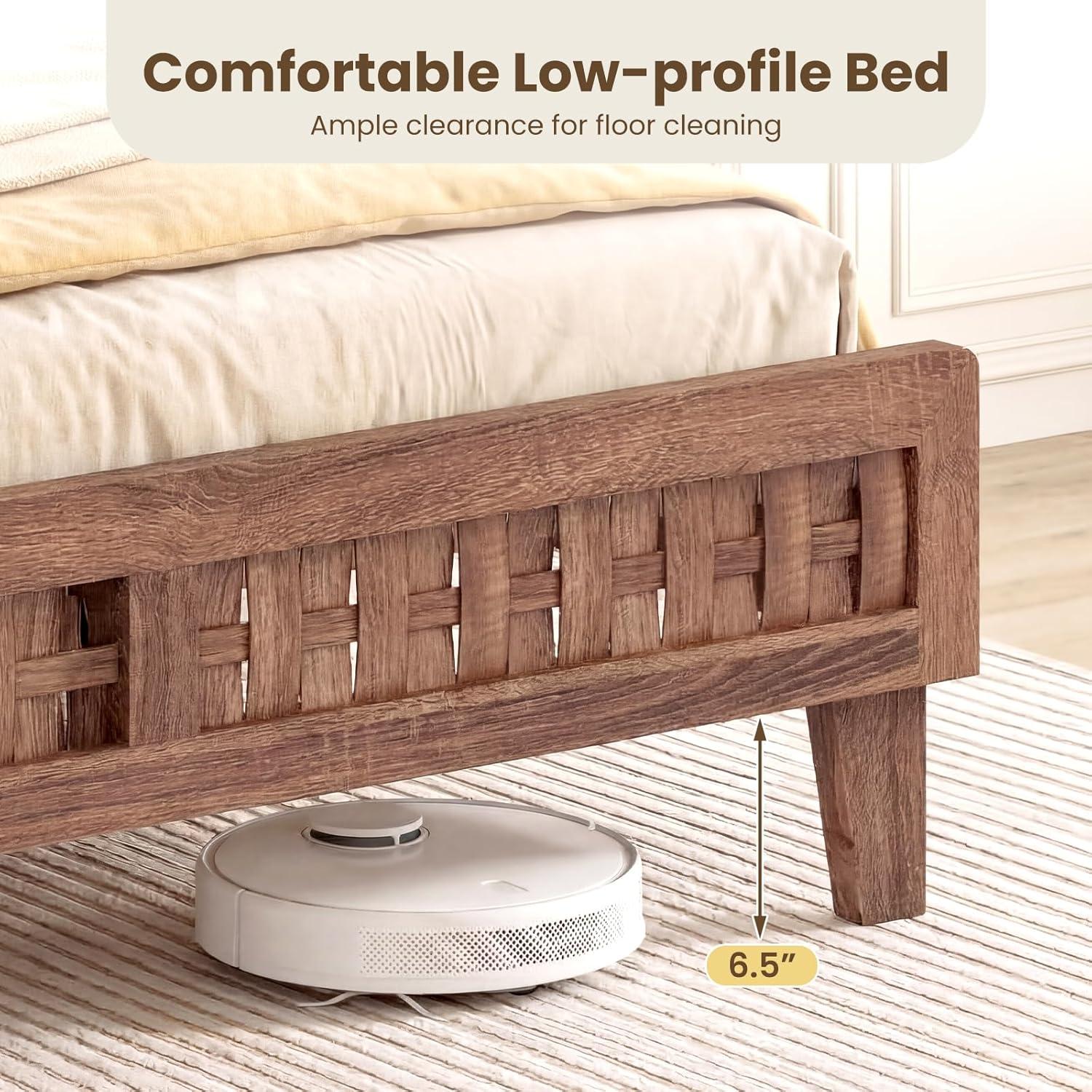 image:imageGiantex Wood Full Size Bed Frame with Upholstered Headboard MidCentury Platform Bed wWooden Slat Support Mattress Foundation Slatted Footboard UnderBed Storage Space No Box Spring Needed OakWalnut