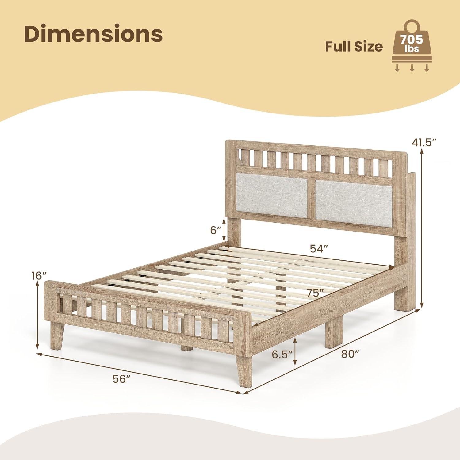image:imageGiantex Wood Full Size Bed Frame with Upholstered Headboard MidCentury Platform Bed wWooden Slat Support Mattress Foundation Slatted Footboard UnderBed Storage Space No Box Spring Needed OakRustic Oak