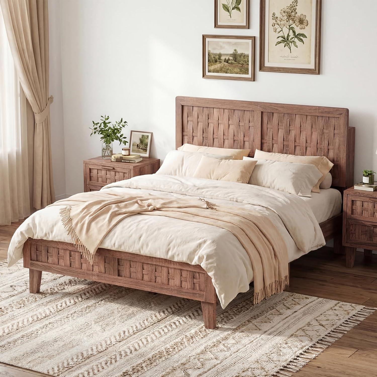 image:imageGiantex Wood Full Size Bed Frame with Upholstered Headboard MidCentury Platform Bed wWooden Slat Support Mattress Foundation Slatted Footboard UnderBed Storage Space No Box Spring Needed OakWalnut