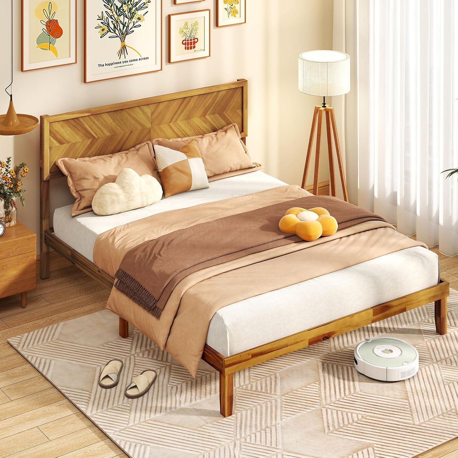 image:imageGiantex Wood Queen Size Bed Frame with Headboard Acacia Platform Bed w12 Slats Support UnderBed Space Wooden Mattress Foundation No Box Spring NeededQueen