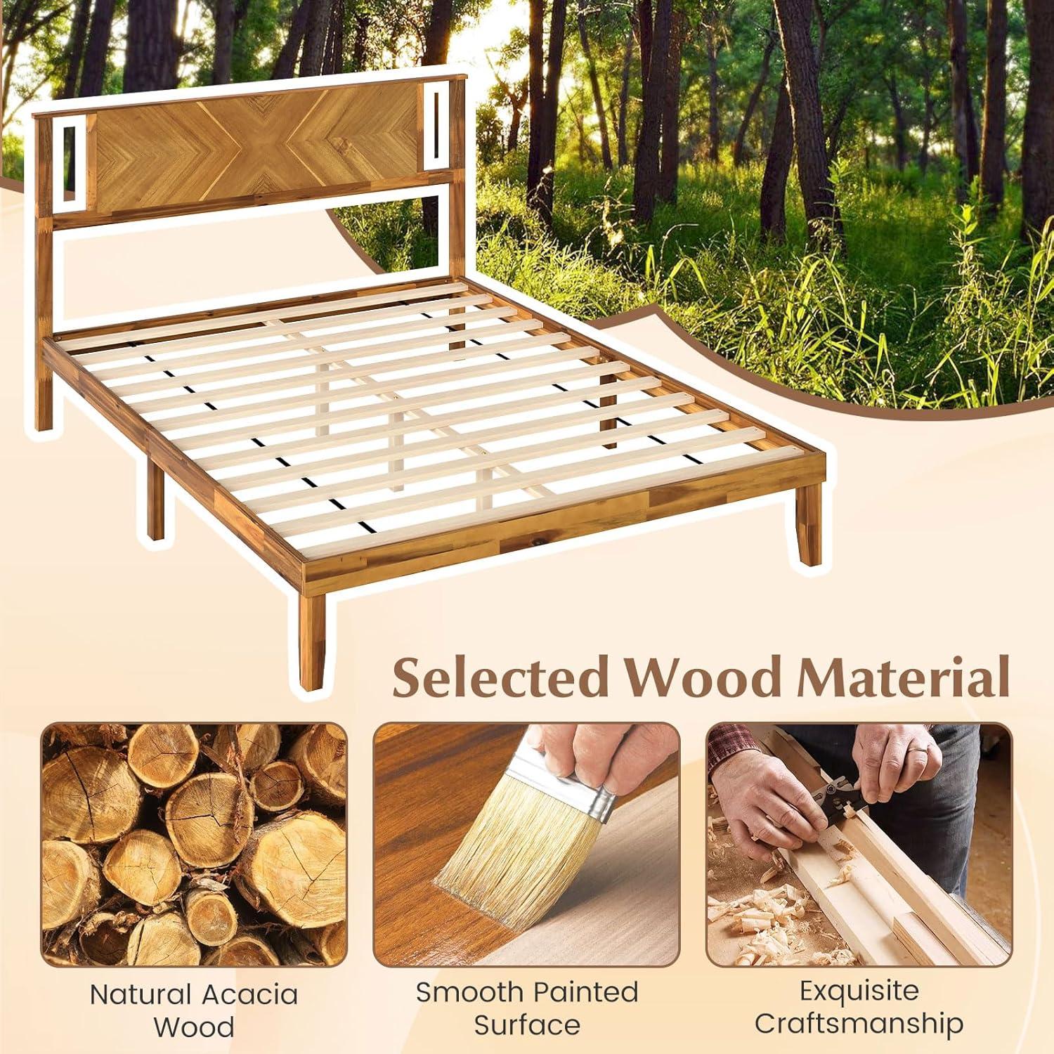 image:imageGiantex Wood Queen Size Bed Frame with Headboard Acacia Platform Bed w12 Slats Support UnderBed Space Wooden Mattress Foundation No Box Spring NeededQueen
