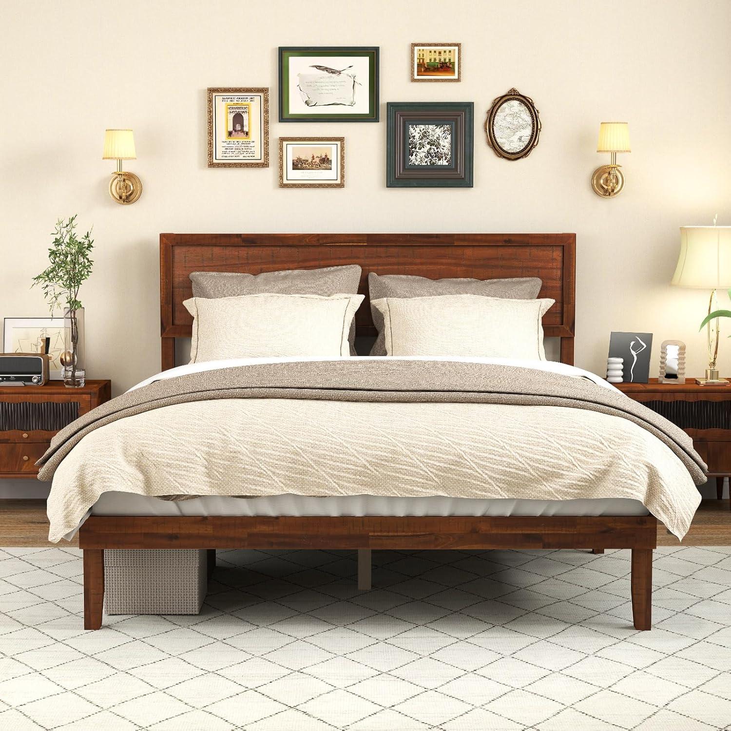 image:imageGiantex Wood Queen Size Bed Frame with Headboard Acacia Platform Bed w12 Slats Support UnderBed Space Wooden Mattress Foundation No Box Spring NeededQueen