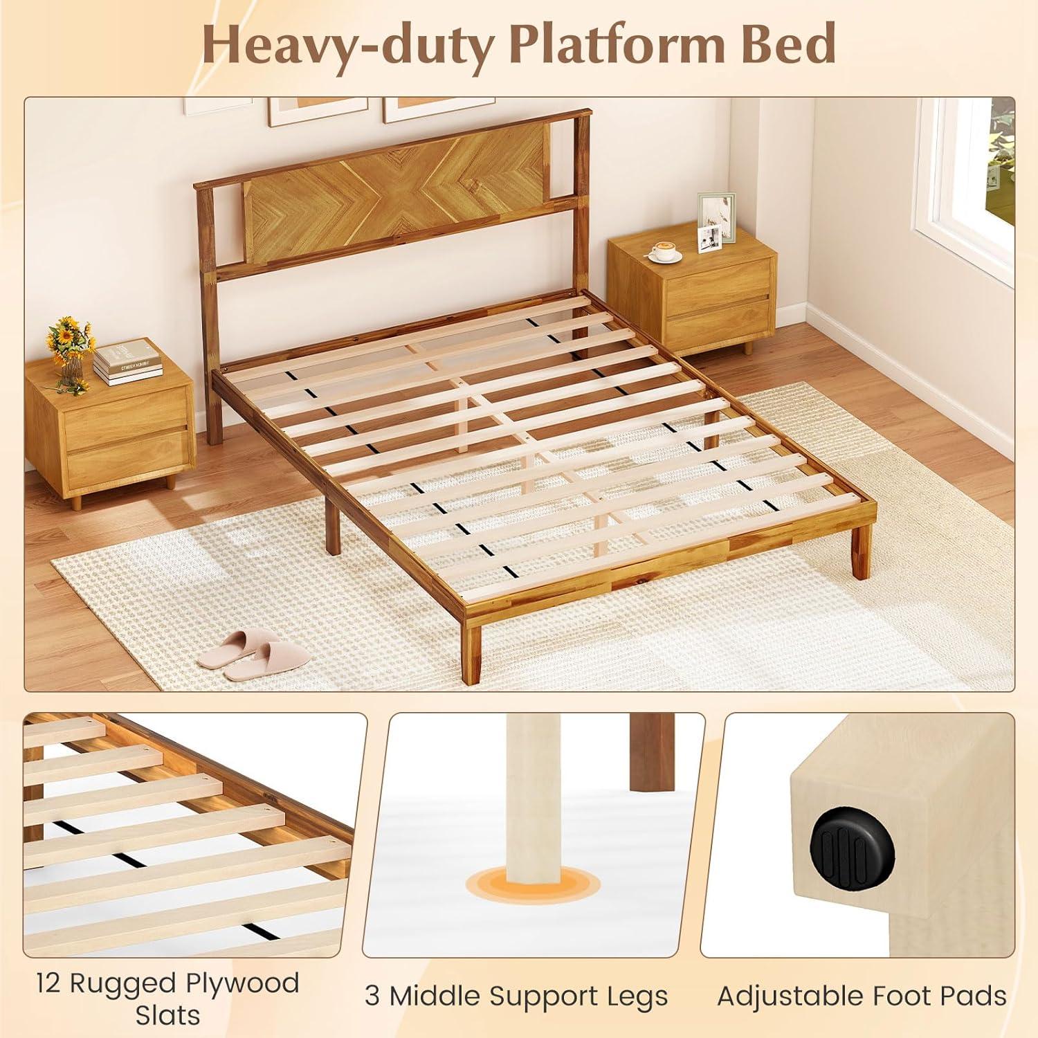 image:imageGiantex Wood Queen Size Bed Frame with Headboard Acacia Platform Bed w12 Slats Support UnderBed Space Wooden Mattress Foundation No Box Spring NeededQueen