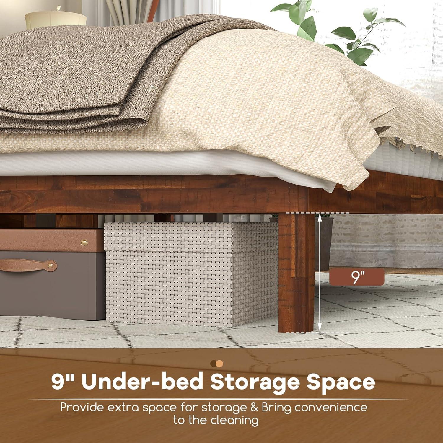 image:imageGiantex Wood Queen Size Bed Frame with Headboard Acacia Platform Bed w12 Slats Support UnderBed Space Wooden Mattress Foundation No Box Spring NeededQueen