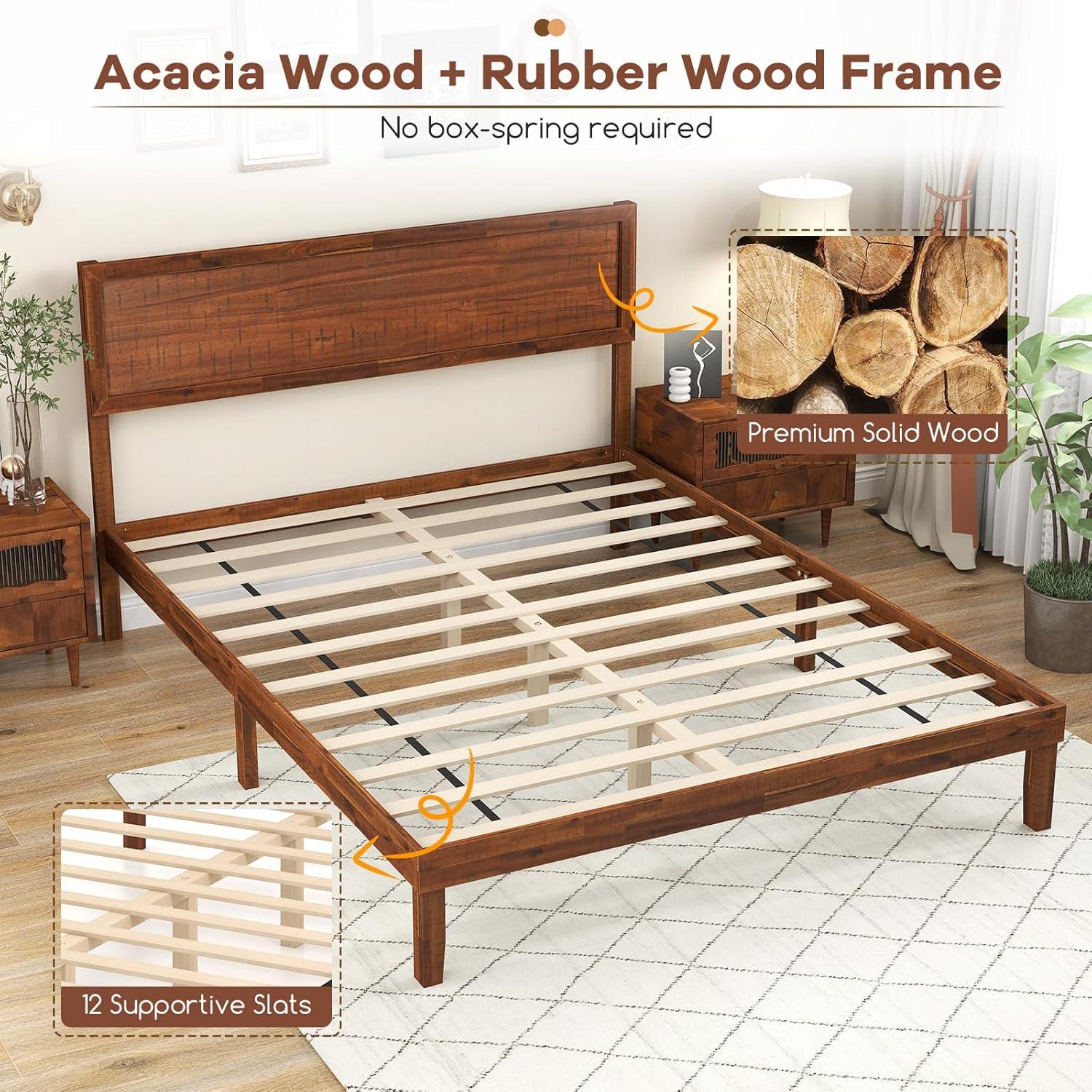 image:imageGiantex Wood Queen Size Bed Frame with Headboard Acacia Platform Bed w12 Slats Support UnderBed Space Wooden Mattress Foundation No Box Spring NeededQueen