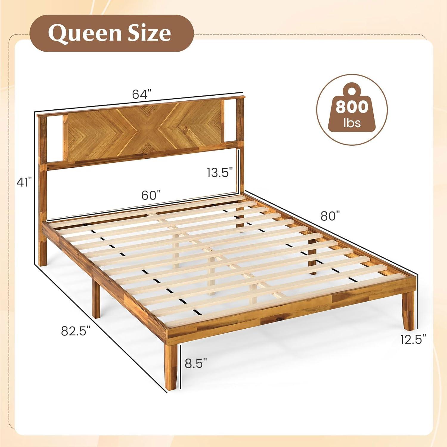 image:imageGiantex Wood Queen Size Bed Frame with Headboard Acacia Platform Bed w12 Slats Support UnderBed Space Wooden Mattress Foundation No Box Spring NeededQueen