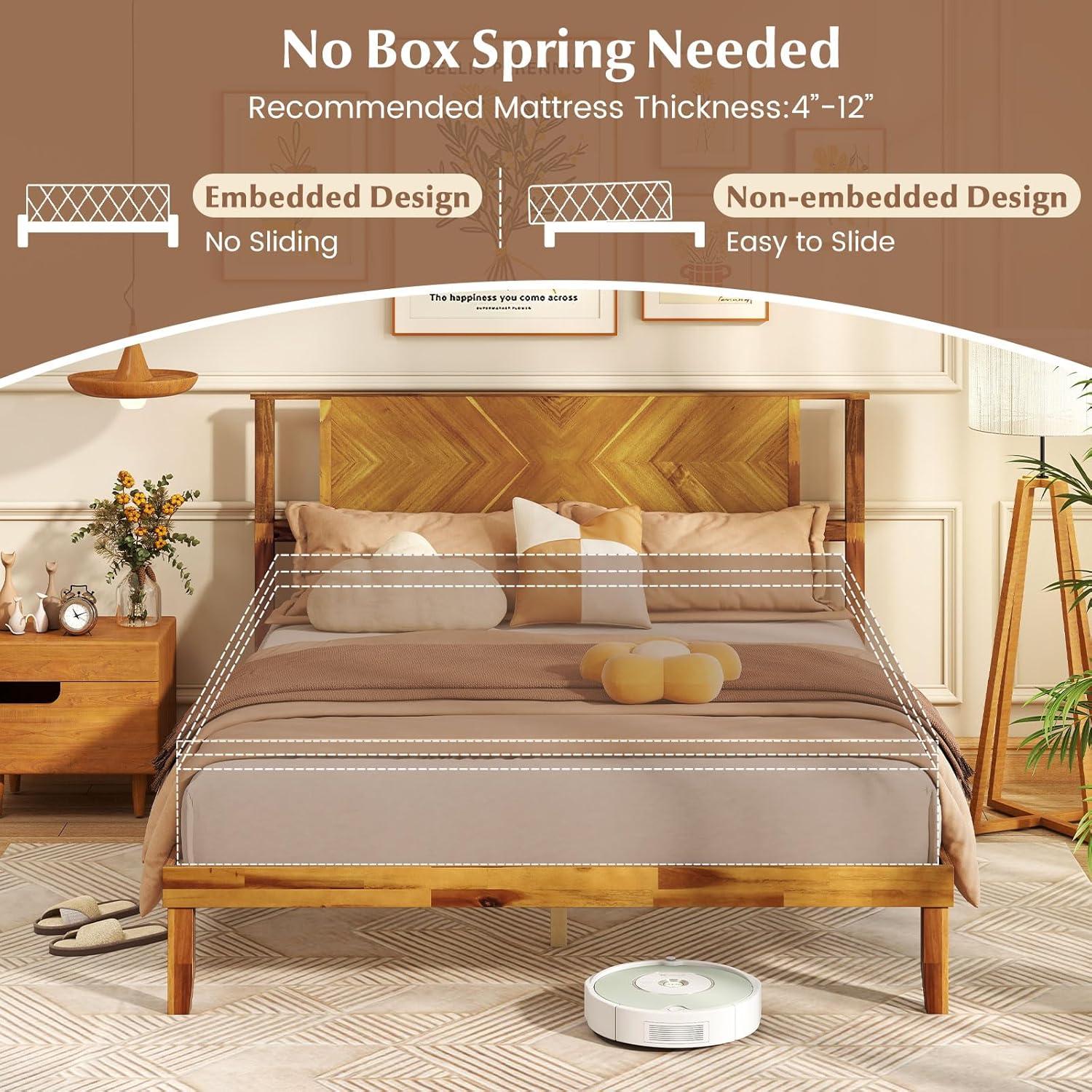 image:imageGiantex Wood Queen Size Bed Frame with Headboard Acacia Platform Bed w12 Slats Support UnderBed Space Wooden Mattress Foundation No Box Spring NeededQueen