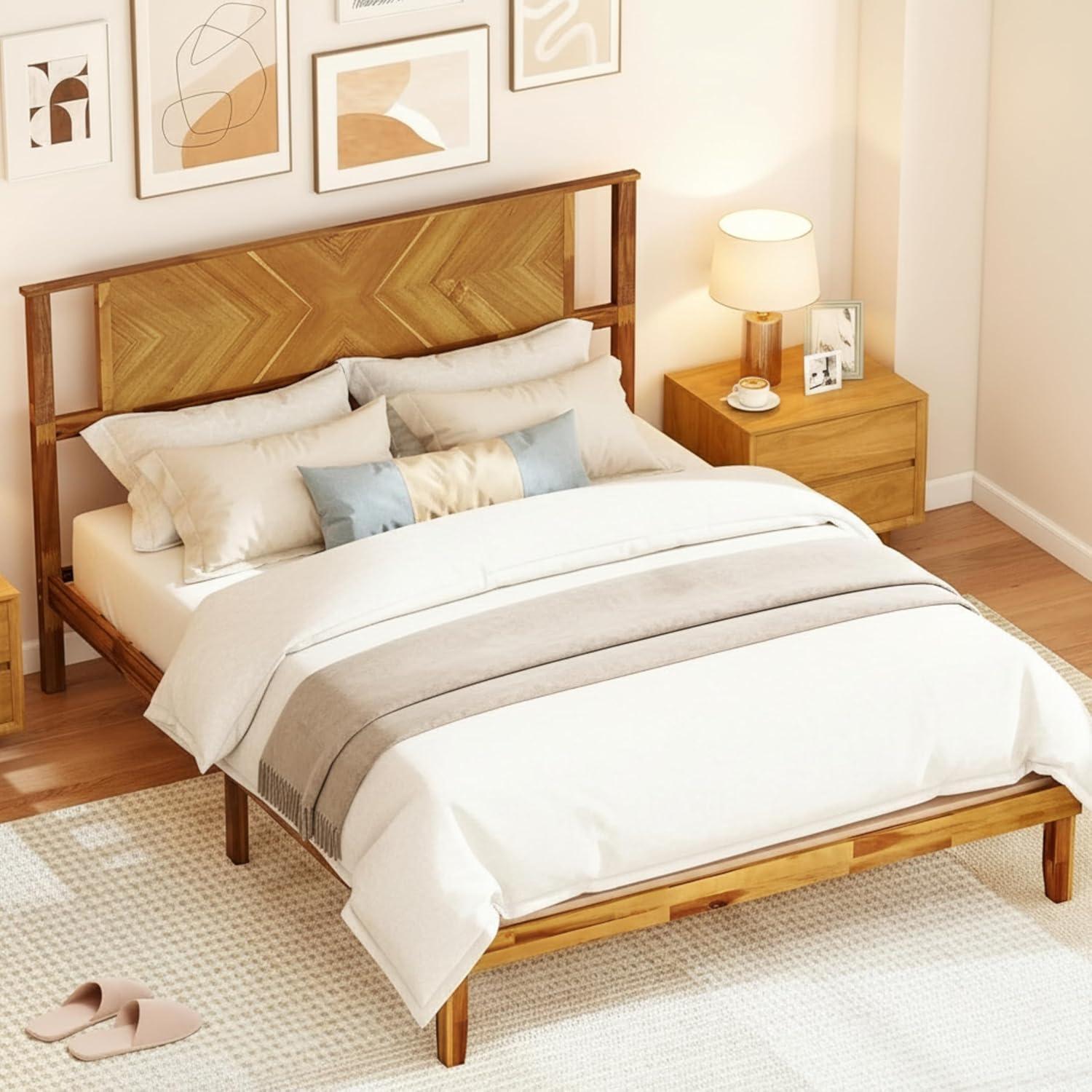 image:imageGiantex Wood Queen Size Bed Frame with Headboard Acacia Platform Bed w12 Slats Support UnderBed Space Wooden Mattress Foundation No Box Spring NeededQueen