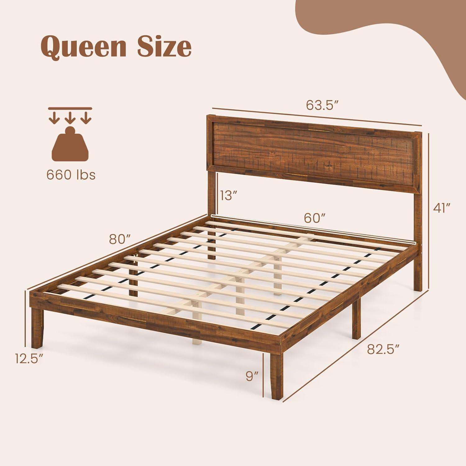 image:imageGiantex Wood Queen Size Bed Frame with Headboard Acacia Platform Bed w12 Slats Support UnderBed Space Wooden Mattress Foundation No Box Spring NeededQueen