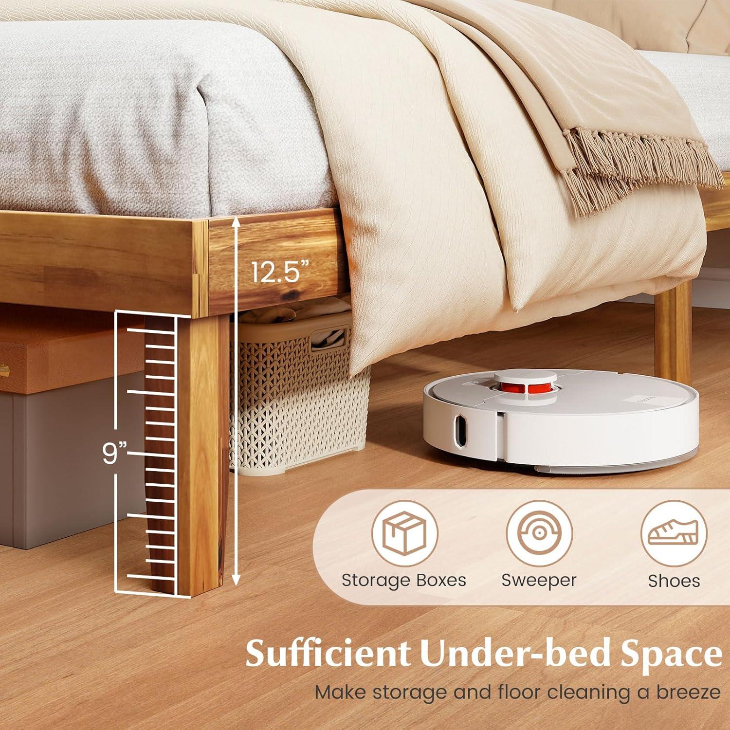 image:imageGiantex Wood Queen Size Bed Frame with Headboard Acacia Platform Bed w12 Slats Support UnderBed Space Wooden Mattress Foundation No Box Spring NeededQueen