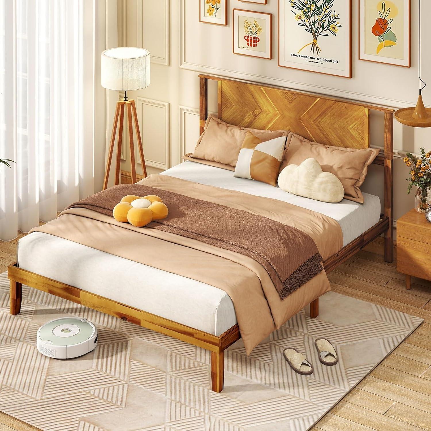 image:imageGiantex Wood Queen Size Bed Frame with Headboard Acacia Platform Bed w12 Slats Support UnderBed Space Wooden Mattress Foundation No Box Spring NeededQueen