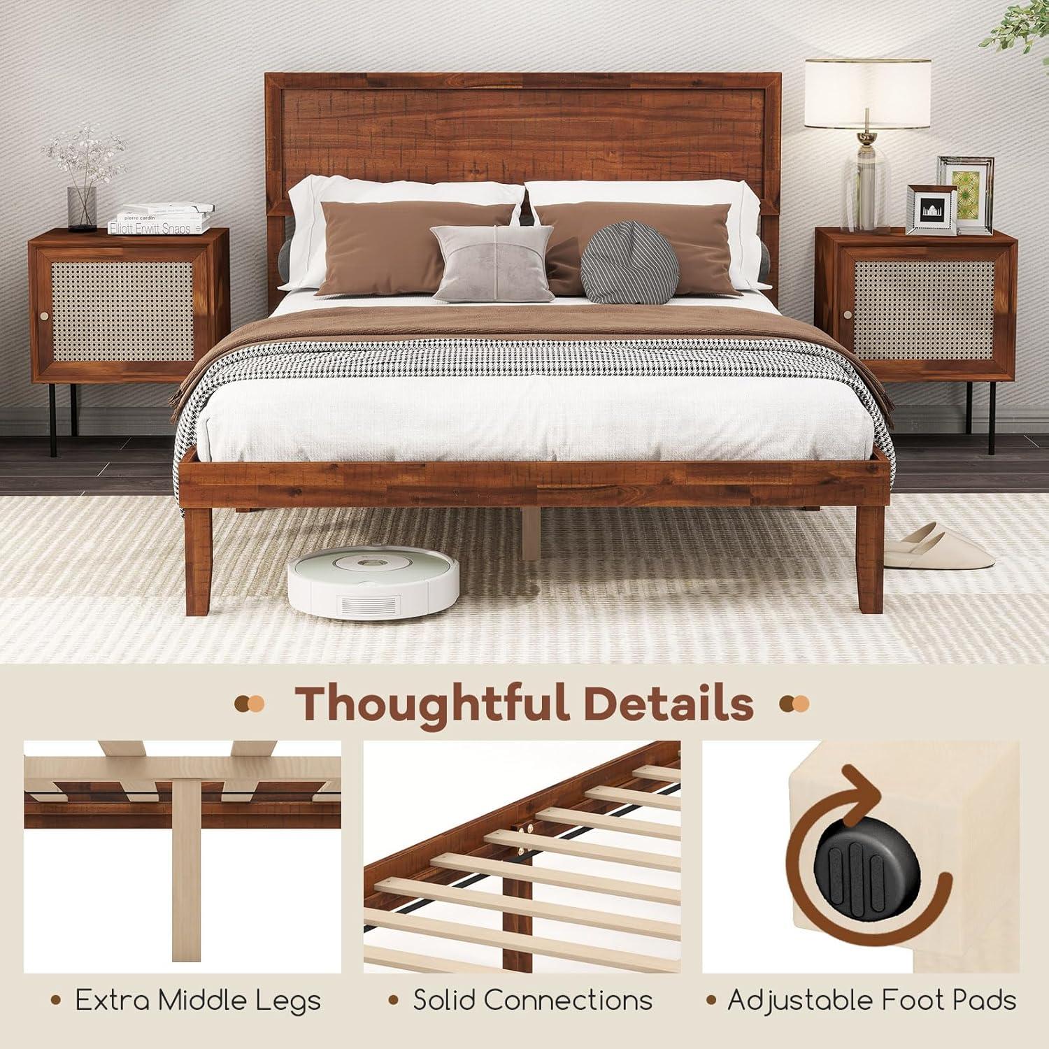 image:imageGiantex Wood Queen Size Bed Frame with Headboard Acacia Platform Bed w12 Slats Support UnderBed Space Wooden Mattress Foundation No Box Spring NeededQueen