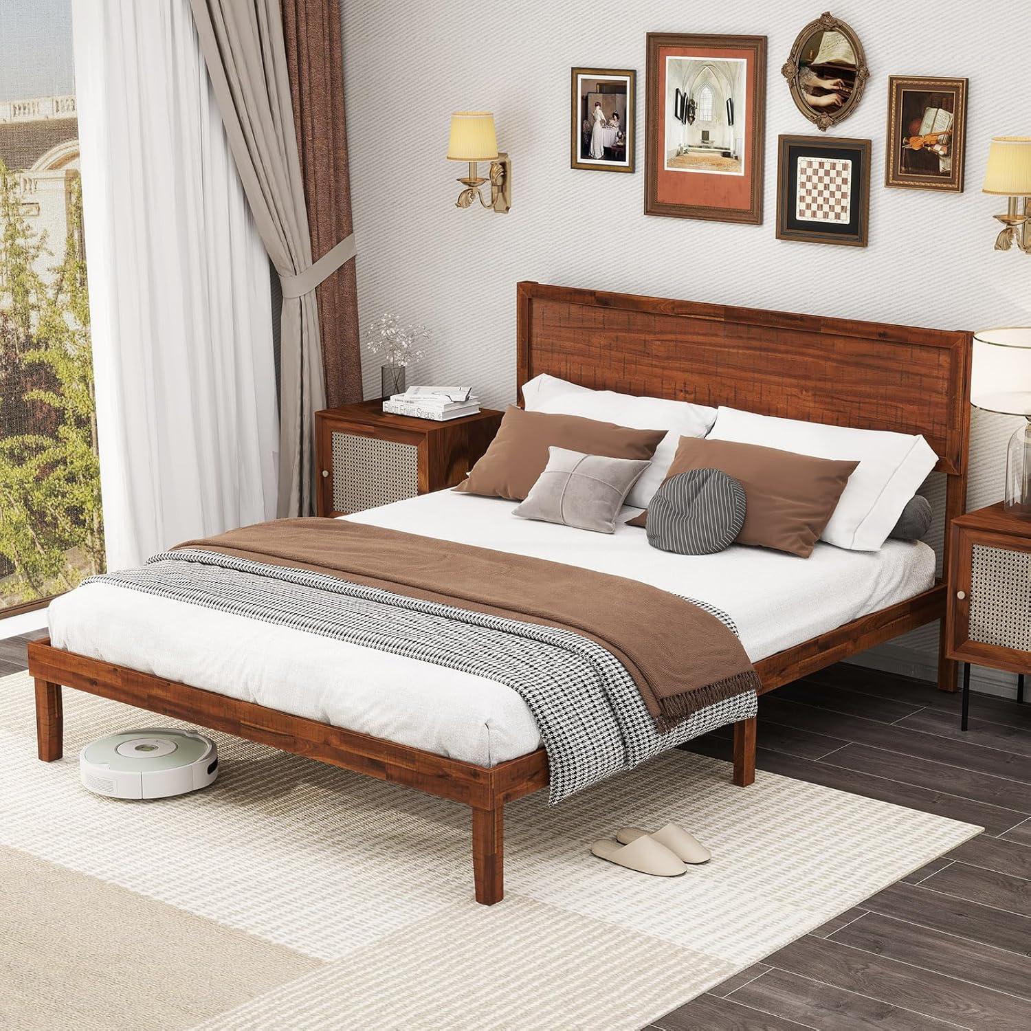 image:imageGiantex Wood Queen Size Bed Frame with Headboard Acacia Platform Bed w12 Slats Support UnderBed Space Wooden Mattress Foundation No Box Spring NeededQueen