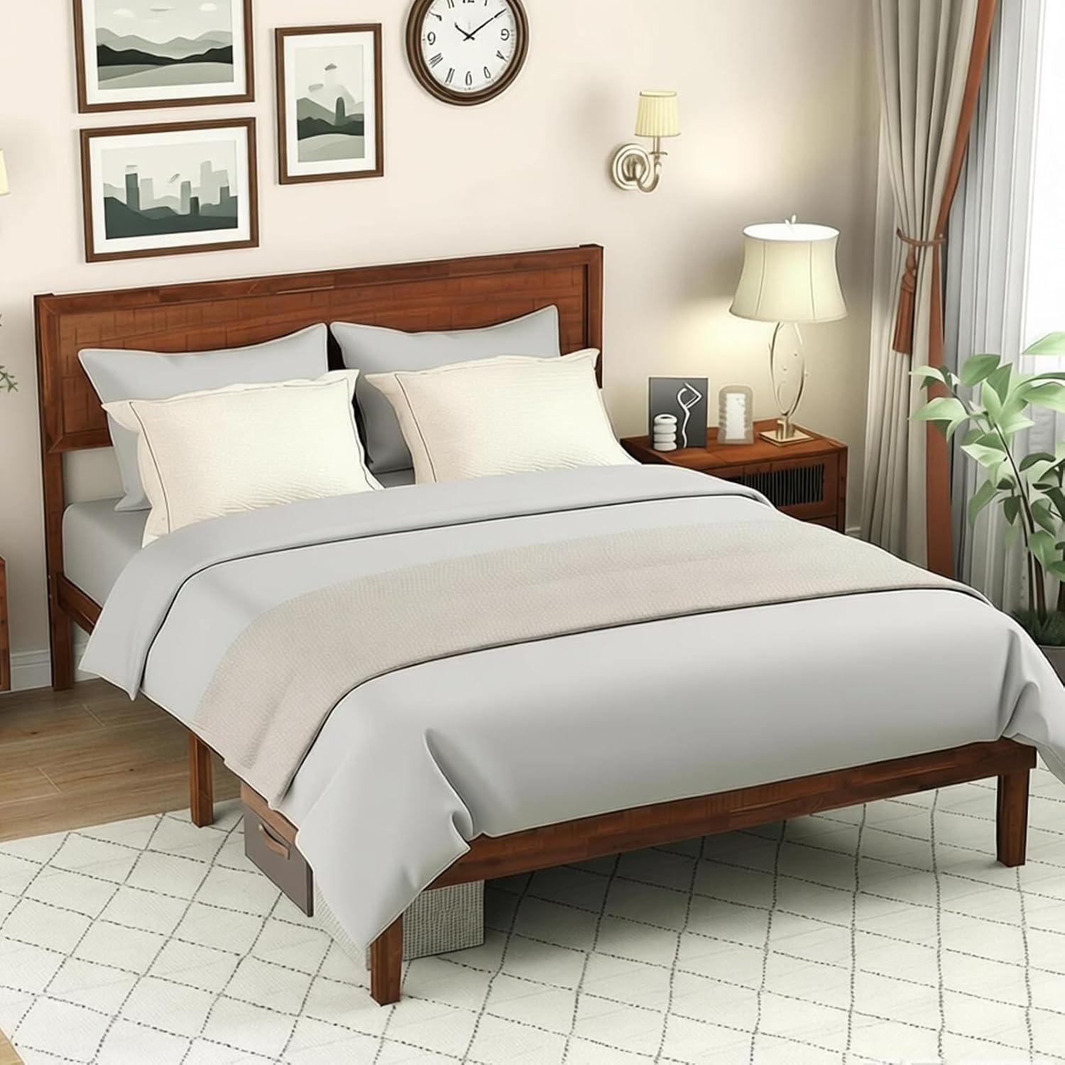 image:imageGiantex Wood Queen Size Bed Frame with Headboard Acacia Platform Bed w12 Slats Support UnderBed Space Wooden Mattress Foundation No Box Spring NeededQueen