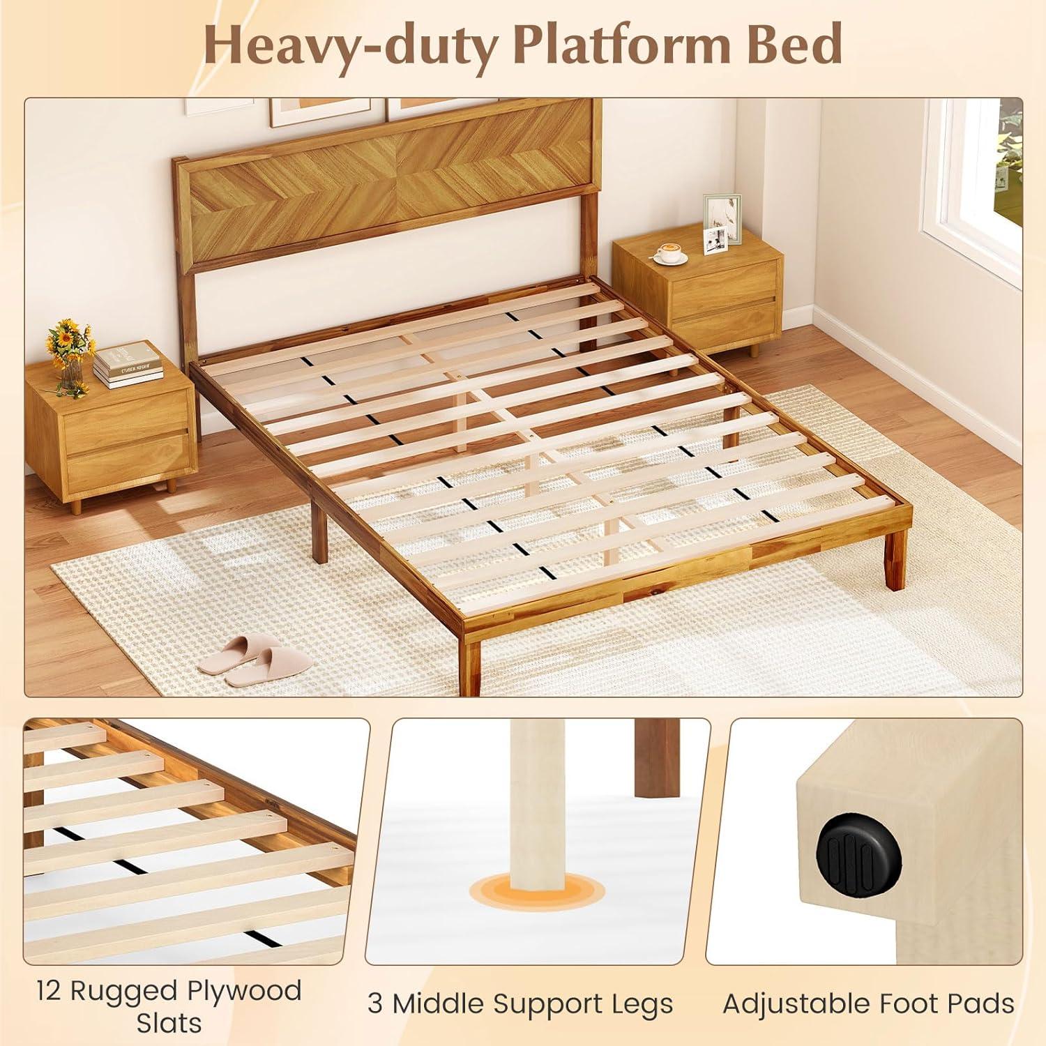 image:imageGiantex Wood Queen Size Bed Frame with Headboard Acacia Platform Bed w12 Slats Support UnderBed Space Wooden Mattress Foundation No Box Spring NeededQueen
