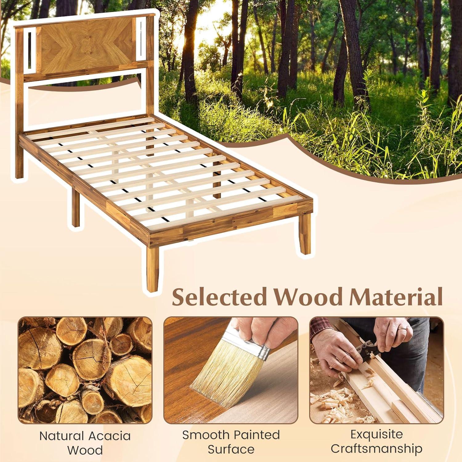 image:imageGiantex Wood Queen Size Bed Frame with Headboard Acacia Platform Bed w12 Slats Support UnderBed Space Wooden Mattress Foundation No Box Spring NeededTwin