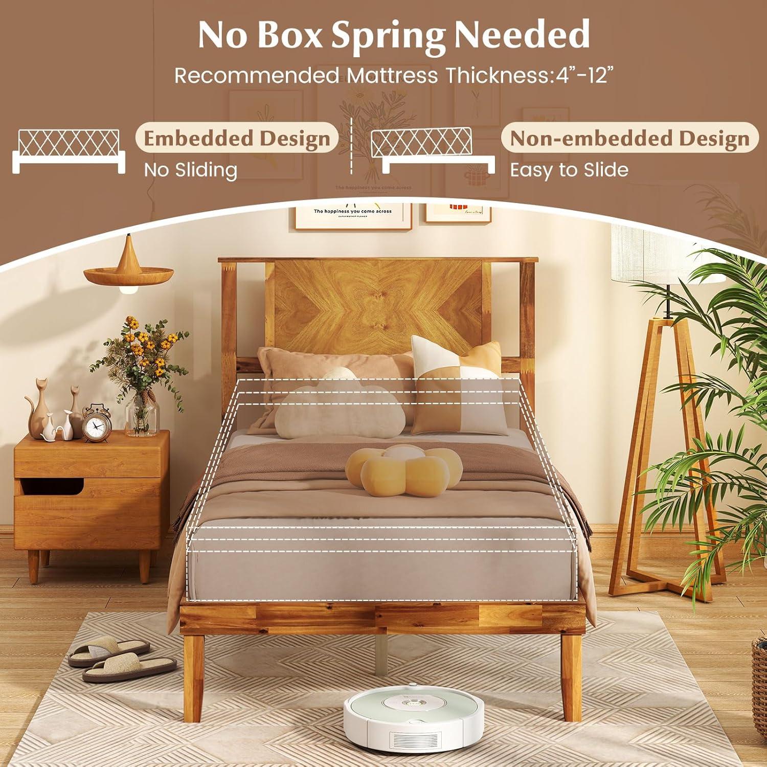 image:imageGiantex Wood Queen Size Bed Frame with Headboard Acacia Platform Bed w12 Slats Support UnderBed Space Wooden Mattress Foundation No Box Spring NeededTwin