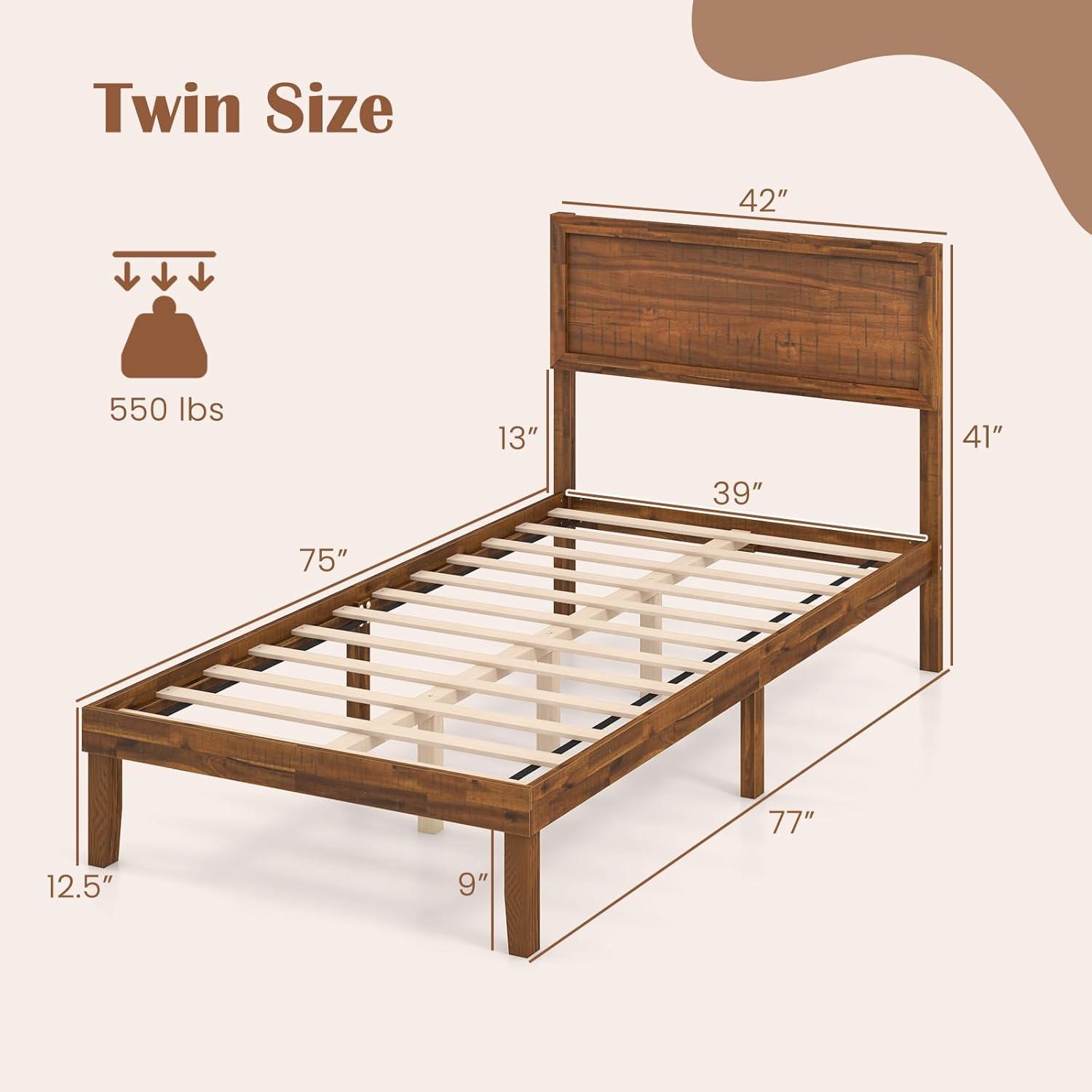 image:imageGiantex Wood Queen Size Bed Frame with Headboard Acacia Platform Bed w12 Slats Support UnderBed Space Wooden Mattress Foundation No Box Spring NeededTwin