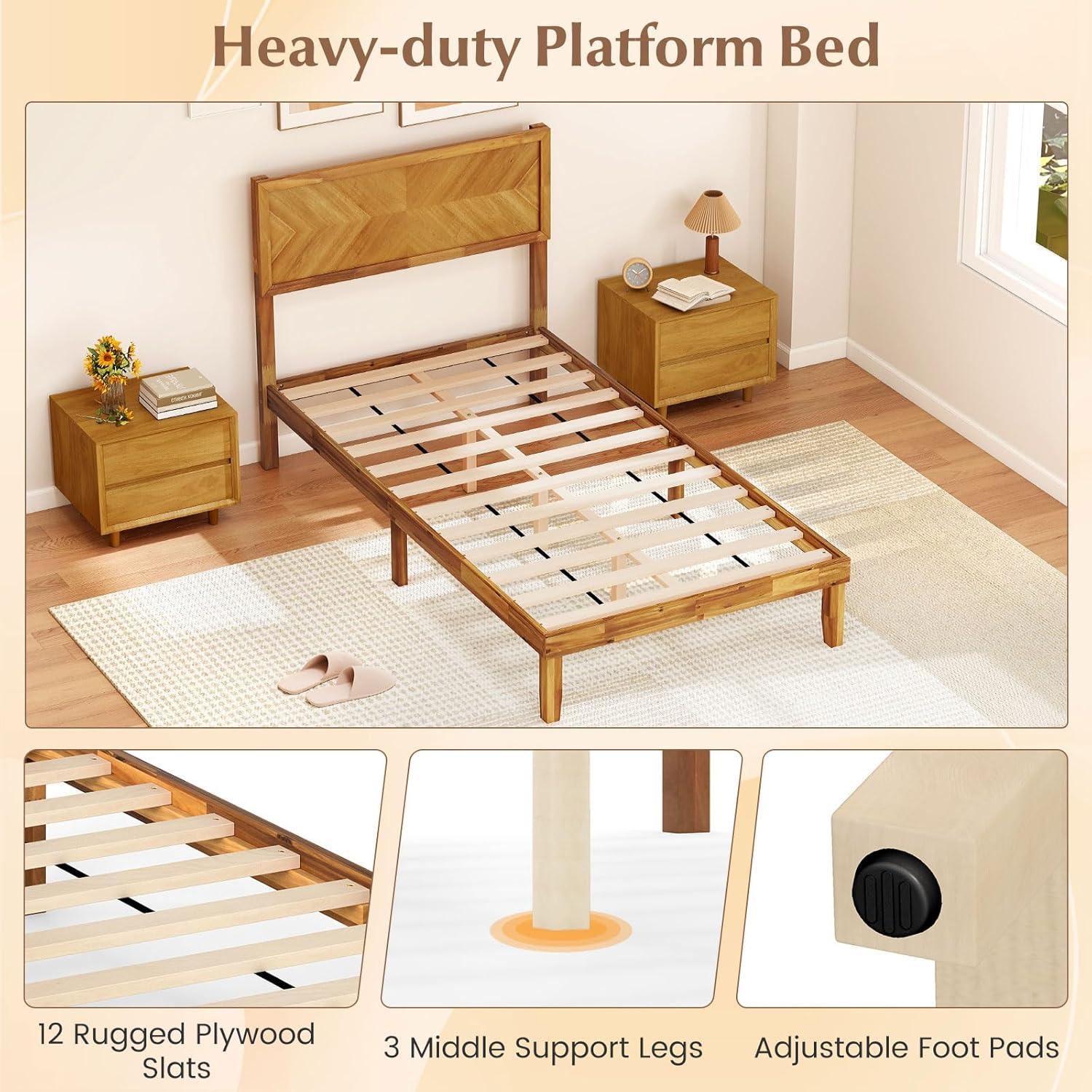 image:imageGiantex Wood Queen Size Bed Frame with Headboard Acacia Platform Bed w12 Slats Support UnderBed Space Wooden Mattress Foundation No Box Spring NeededTwin