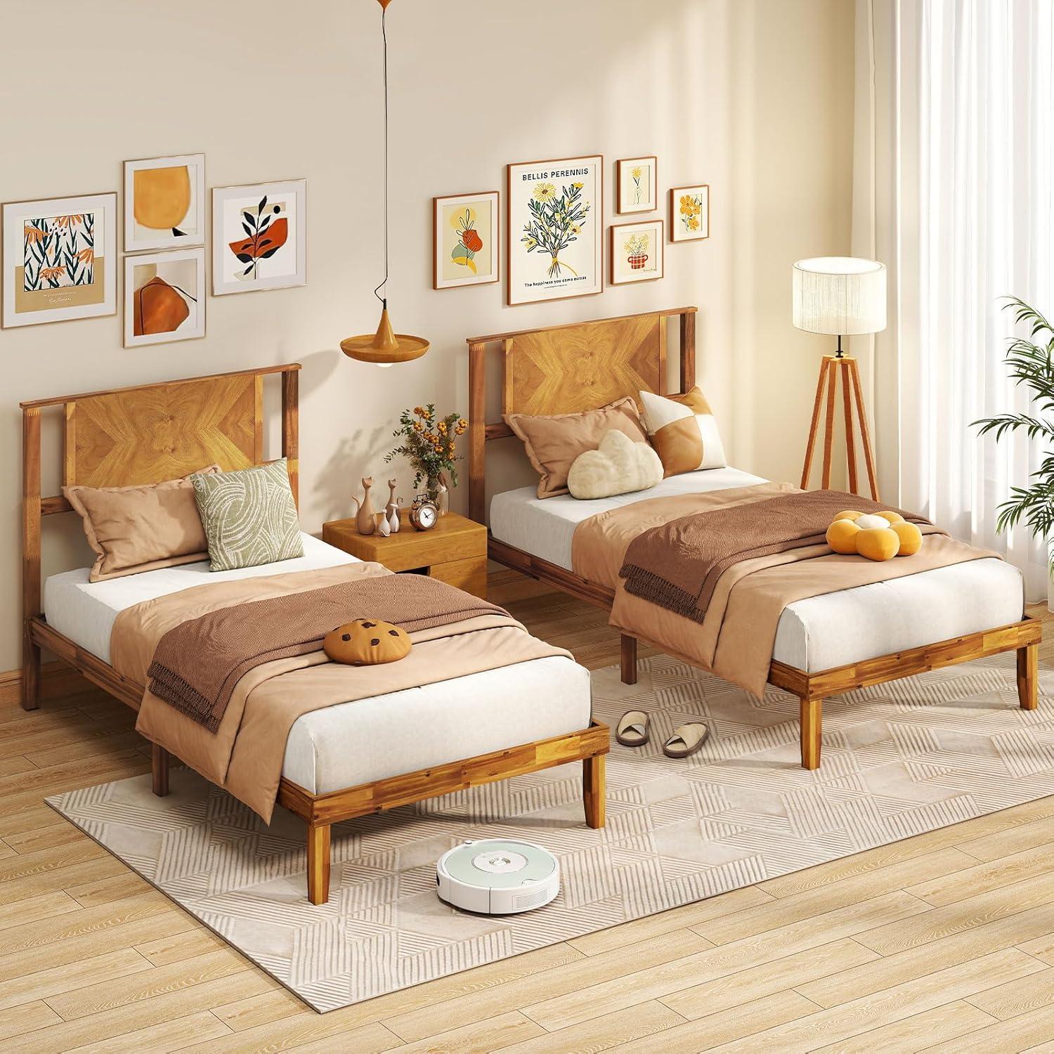 image:imageGiantex Wood Queen Size Bed Frame with Headboard Acacia Platform Bed w12 Slats Support UnderBed Space Wooden Mattress Foundation No Box Spring NeededTwin