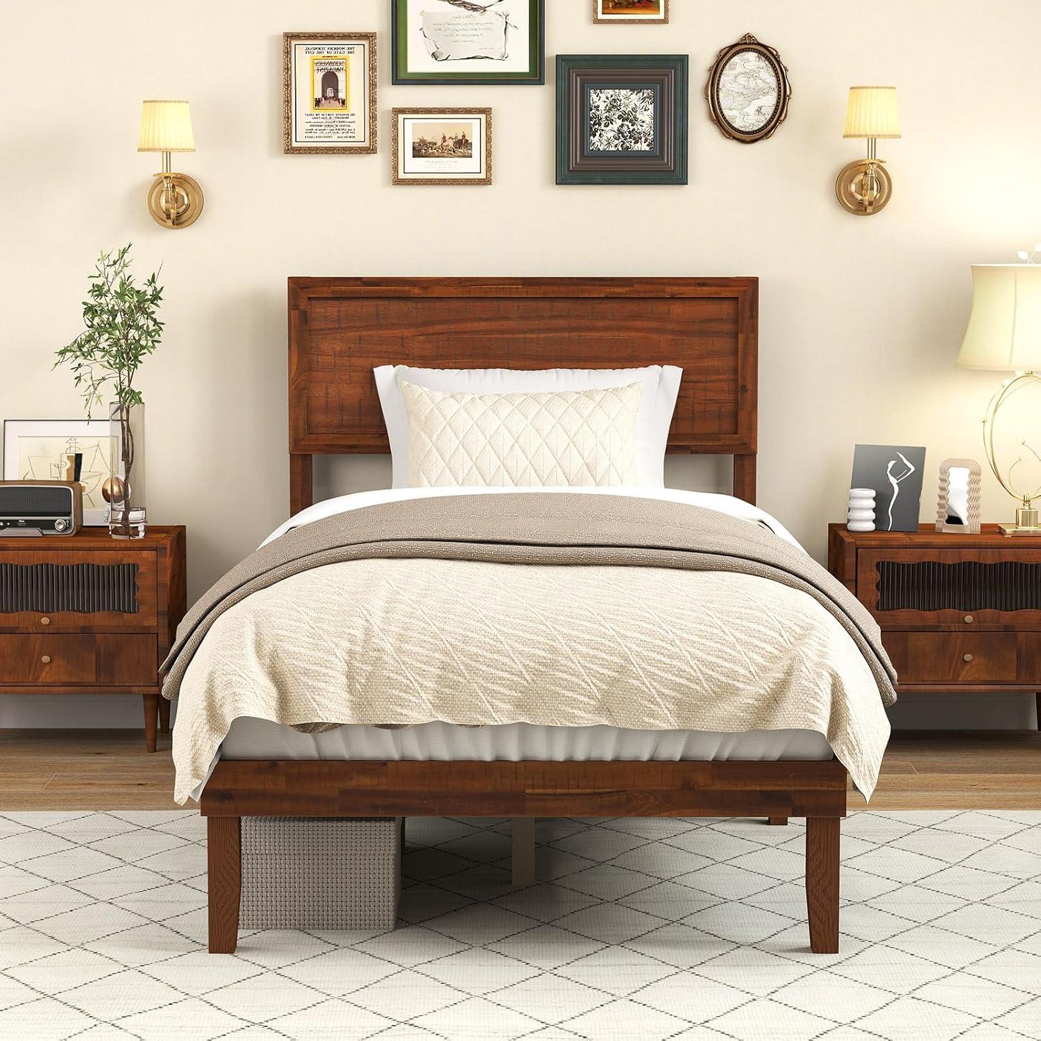 image:imageGiantex Wood Queen Size Bed Frame with Headboard Acacia Platform Bed w12 Slats Support UnderBed Space Wooden Mattress Foundation No Box Spring NeededTwin