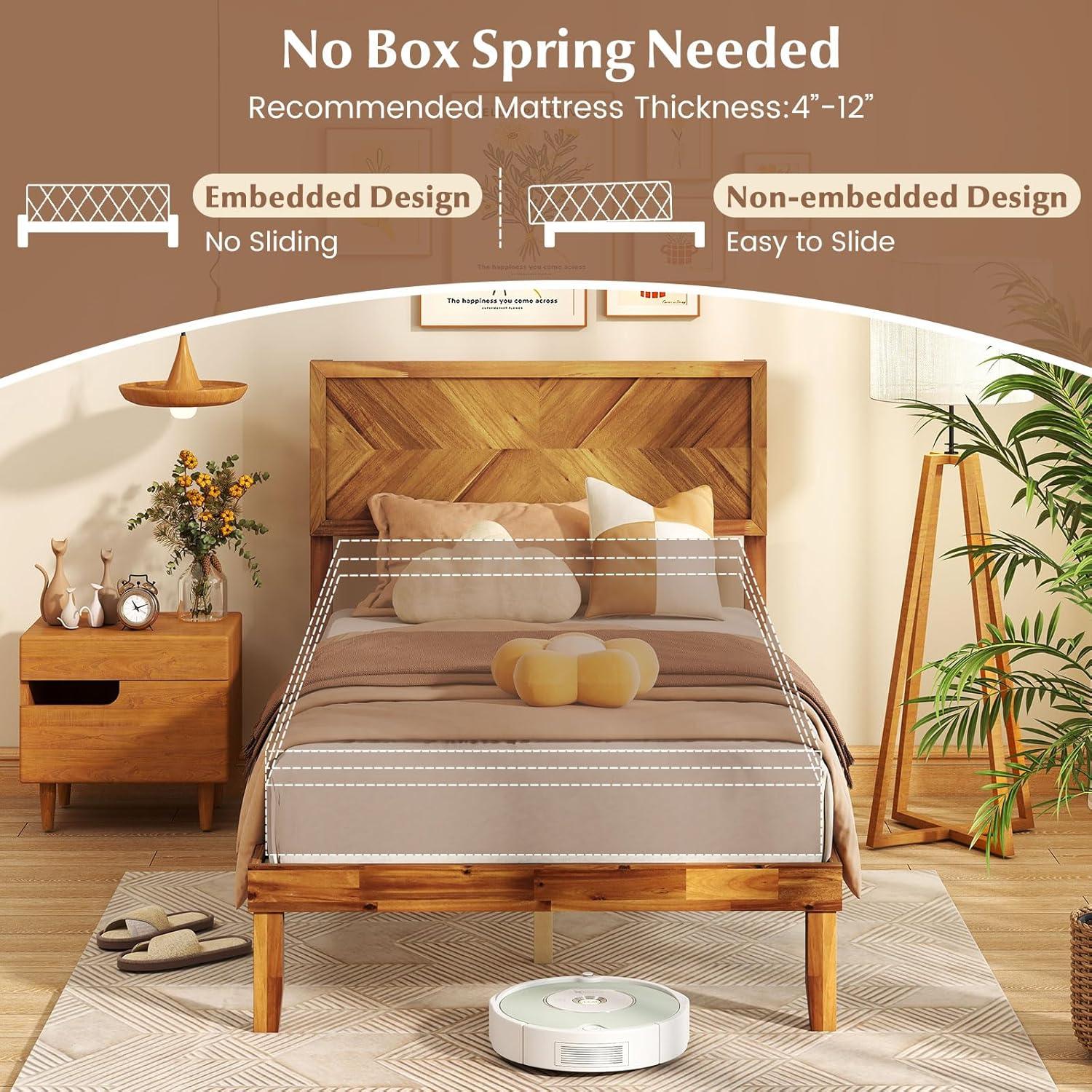 image:imageGiantex Wood Queen Size Bed Frame with Headboard Acacia Platform Bed w12 Slats Support UnderBed Space Wooden Mattress Foundation No Box Spring NeededTwin