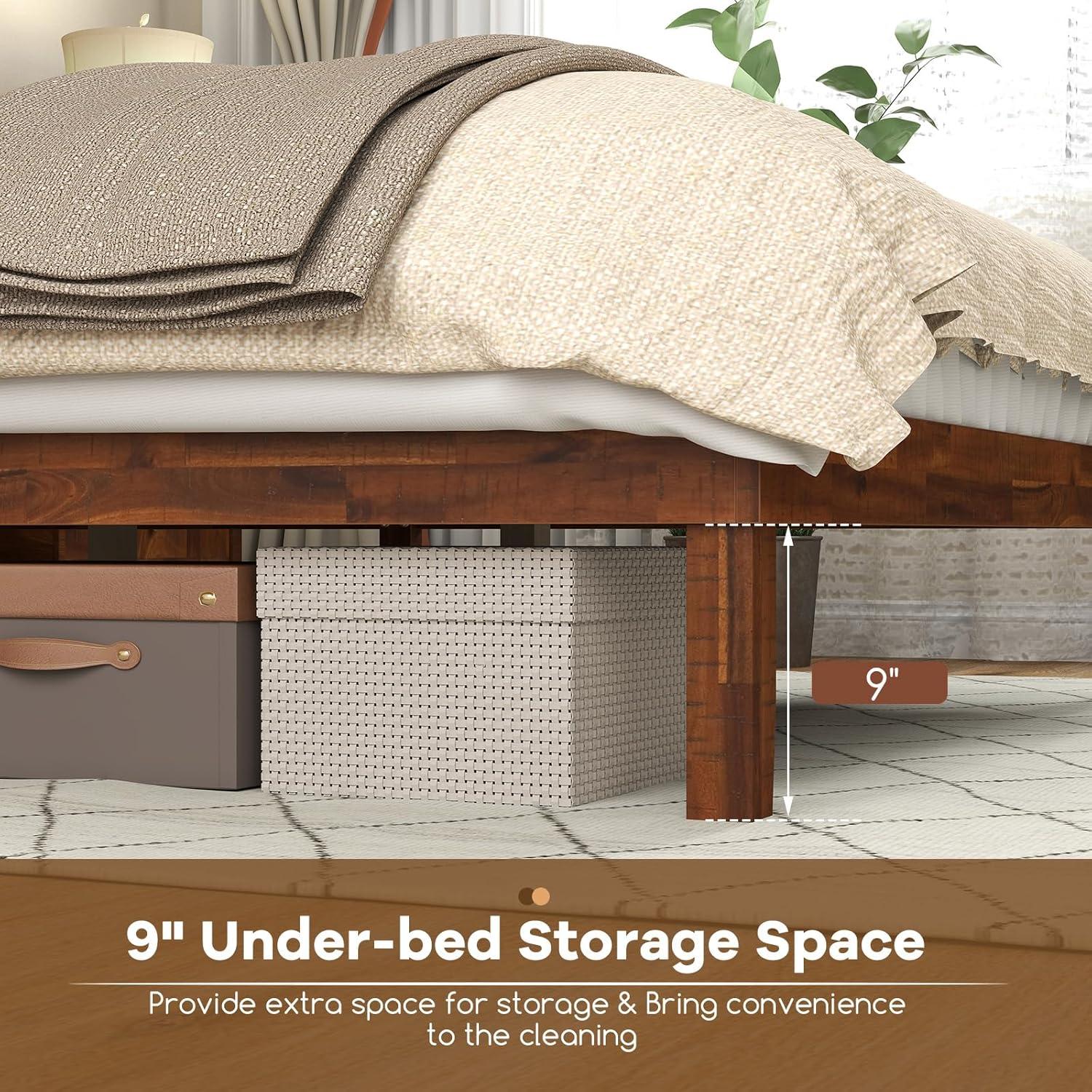 image:imageGiantex Wood Queen Size Bed Frame with Headboard Acacia Platform Bed w12 Slats Support UnderBed Space Wooden Mattress Foundation No Box Spring NeededTwin