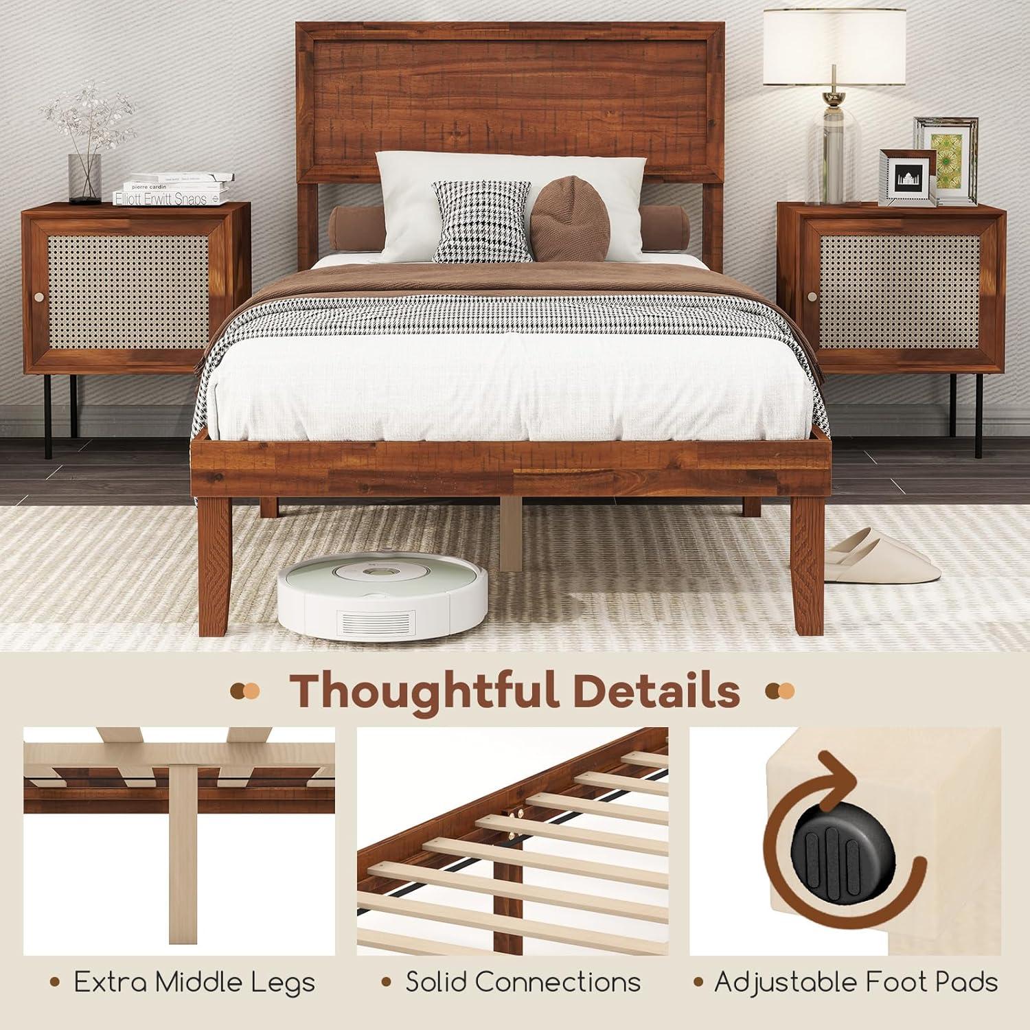 image:imageGiantex Wood Queen Size Bed Frame with Headboard Acacia Platform Bed w12 Slats Support UnderBed Space Wooden Mattress Foundation No Box Spring NeededTwin