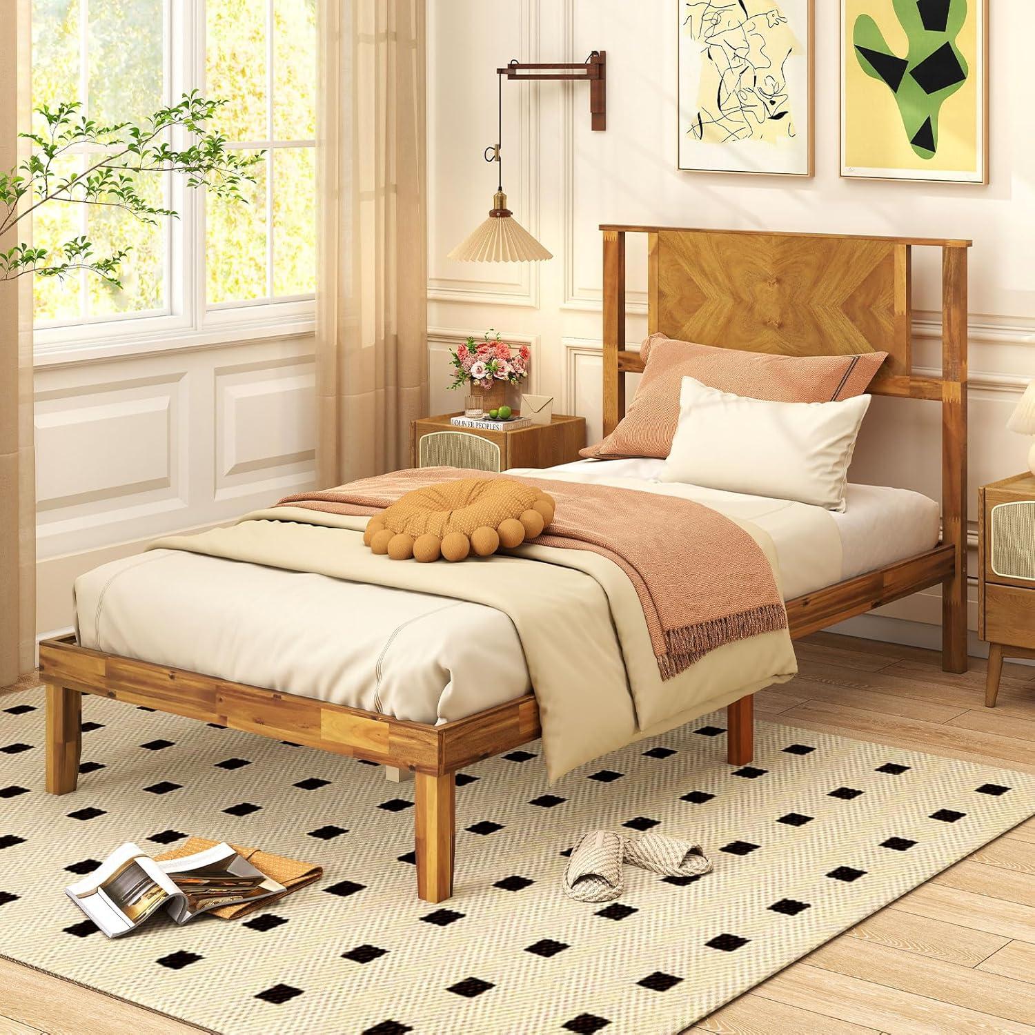 image:imageGiantex Wood Queen Size Bed Frame with Headboard Acacia Platform Bed w12 Slats Support UnderBed Space Wooden Mattress Foundation No Box Spring NeededTwin