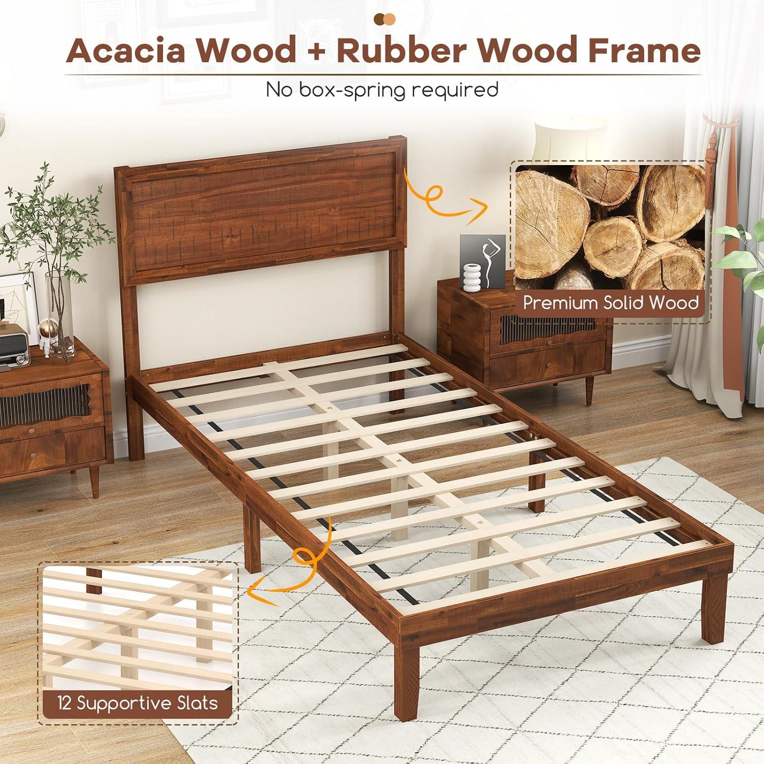 image:imageGiantex Wood Queen Size Bed Frame with Headboard Acacia Platform Bed w12 Slats Support UnderBed Space Wooden Mattress Foundation No Box Spring NeededTwin
