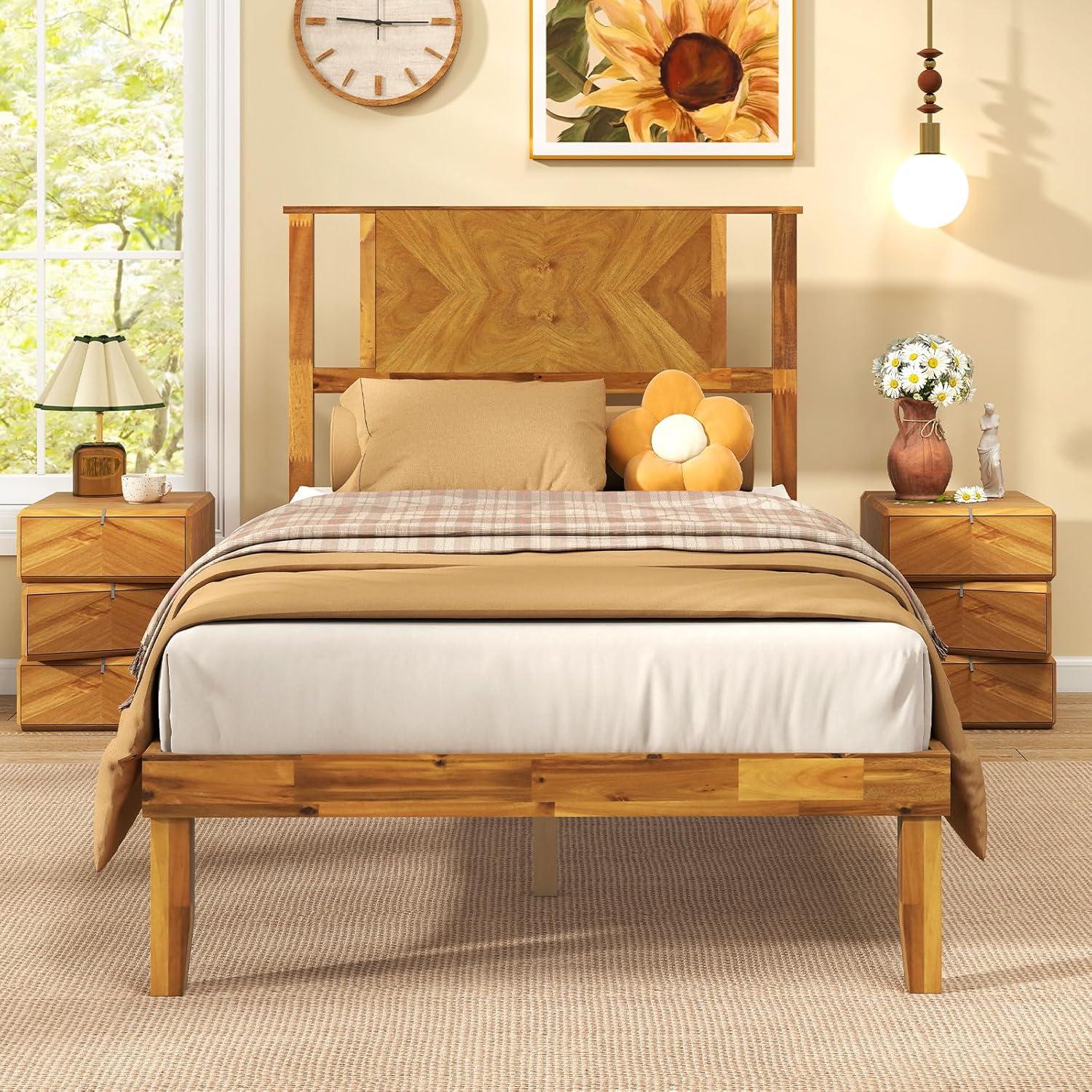 image:imageGiantex Wood Queen Size Bed Frame with Headboard Acacia Platform Bed w12 Slats Support UnderBed Space Wooden Mattress Foundation No Box Spring NeededTwin