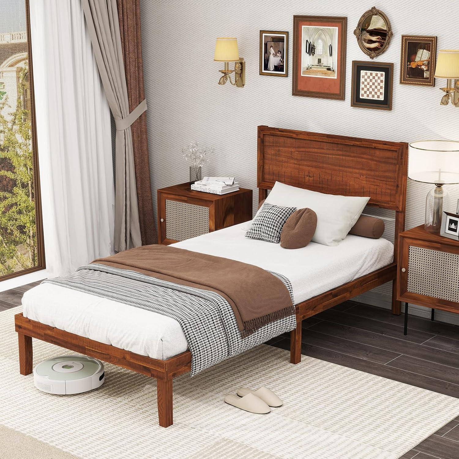 image:imageGiantex Wood Queen Size Bed Frame with Headboard Acacia Platform Bed w12 Slats Support UnderBed Space Wooden Mattress Foundation No Box Spring NeededTwin